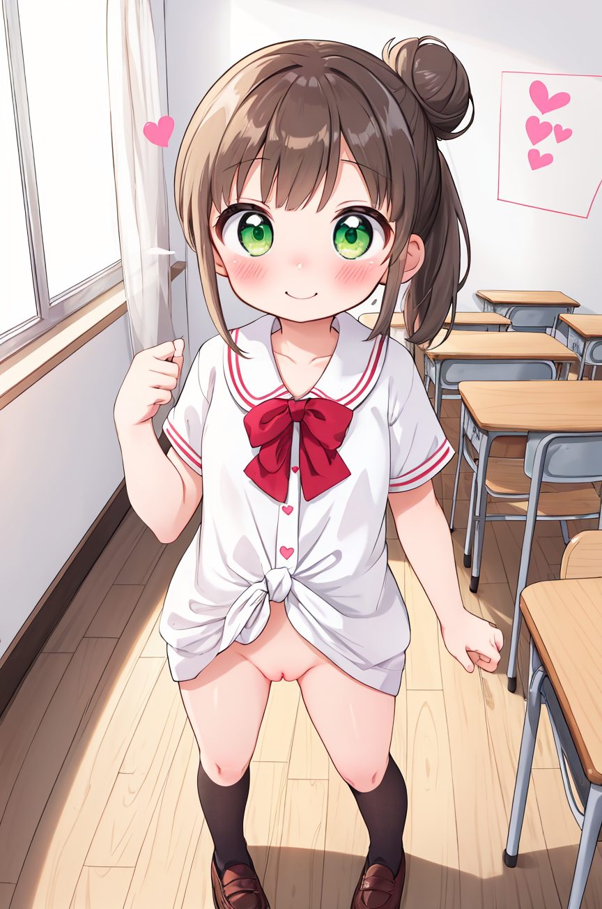 1girl, solo, hair bun, green eyes, single hair bun, pussy, desk, smile, bottomless, brown hair, indoors, shirt, blush, white shirt, loli, heart, black socks, standing, classroom, brown footwear, socks, looking at viewer, shoes, school desk, window, chair, cleft of venus, bow, side ponytail, short sleeves, closed mouth, single side bun, red bow, kneehighs, bangs, spoken heart, school uniform, 赤面, 笑顔, 制服, 下脱ぎ, ボトムレス, 露出, ぱっつん, おまんこ, ニーソックス, Tシャツ
