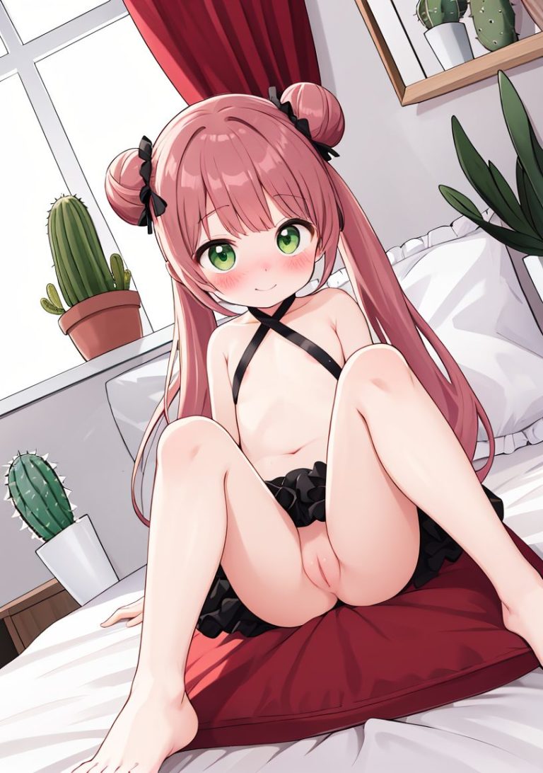 1girl, solo, double bun, smile, green eyes, cactus, window, bow, hair bow, barefoot, knees up, pussy, long hair, blush, hair bun, bare shoulders, black bow, twintails, navel, plant, loli, closed mouth, indoors, bangs, curtains, very long hair, looking at viewer, potted plant, skirt, pillow, sitting, bed, legs, black skirt, brown hair, frills, feet, halterneck, bare arms, criss-cross halter, no panties, collarbone, on bed, spread legs, flat chest, cleft of venus, uncensored, 赤面, 笑顔, ツインテール, M字開脚, 裸足, 開脚, フリル, ロングヘア, 貧乳, つるぺた, ぱっつん, おまんこ, 足, ok