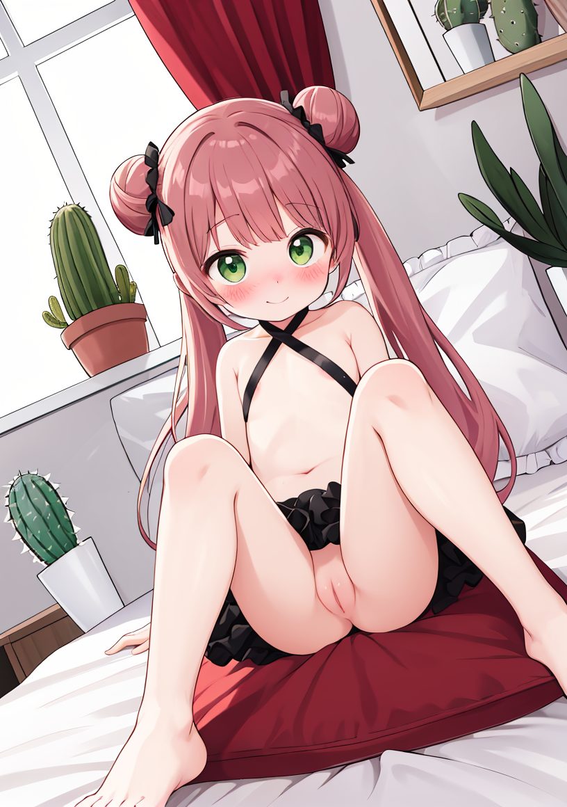 1girl, solo, double bun, smile, green eyes, cactus, window, bow, hair bow, barefoot, knees up, pussy, long hair, blush, hair bun, bare shoulders, black bow, twintails, navel, plant, loli, closed mouth, indoors, bangs, curtains, very long hair, looking at viewer, potted plant, skirt, pillow, sitting, bed, legs, black skirt, brown hair, frills, feet, halterneck, bare arms, criss-cross halter, no panties, collarbone, on bed, spread legs, flat chest, cleft of venus, uncensored, 赤面, 笑顔, ツインテール, M字開脚, 裸足, 開脚, フリル, ロングヘア, 貧乳, つるぺた, ぱっつん, おまんこ, 足, ok