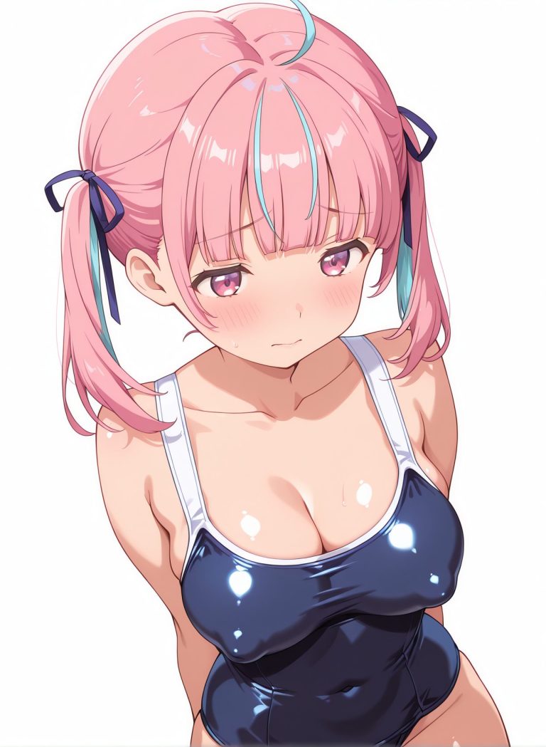 questionable, 1girl, solo, breasts, blush, bangs, large_breasts, simple_background, white_background, ribbon, cleavage, twintails, closed_mouth, blue_hair, purple_eyes, collarbone, swimsuit, hair_ribbon, pink_hair, ahoge, sidelocks, multicolored_hair, cowboy_shot, sweat, shiny, virtual_youtuber, blunt_bangs, pink_eyes, sweatdrop, covered_nipples, two-tone_hair, streaked_hair, one-piece_swimsuit, covered_navel, embarrassed, arms_behind_back, school_swimsuit, blue_ribbon, blue_one-piece_swimsuit, competition_school_swimsuit, minato_aqua, 赤面, 恥じらい, ツインテール, 胸チラ, 汗, 水着, アホ毛, 巨乳, ぱっつん, ワンピース, スクール水着, バーチャルYouTuber, ホロライブ, 湊あくあ, Posted