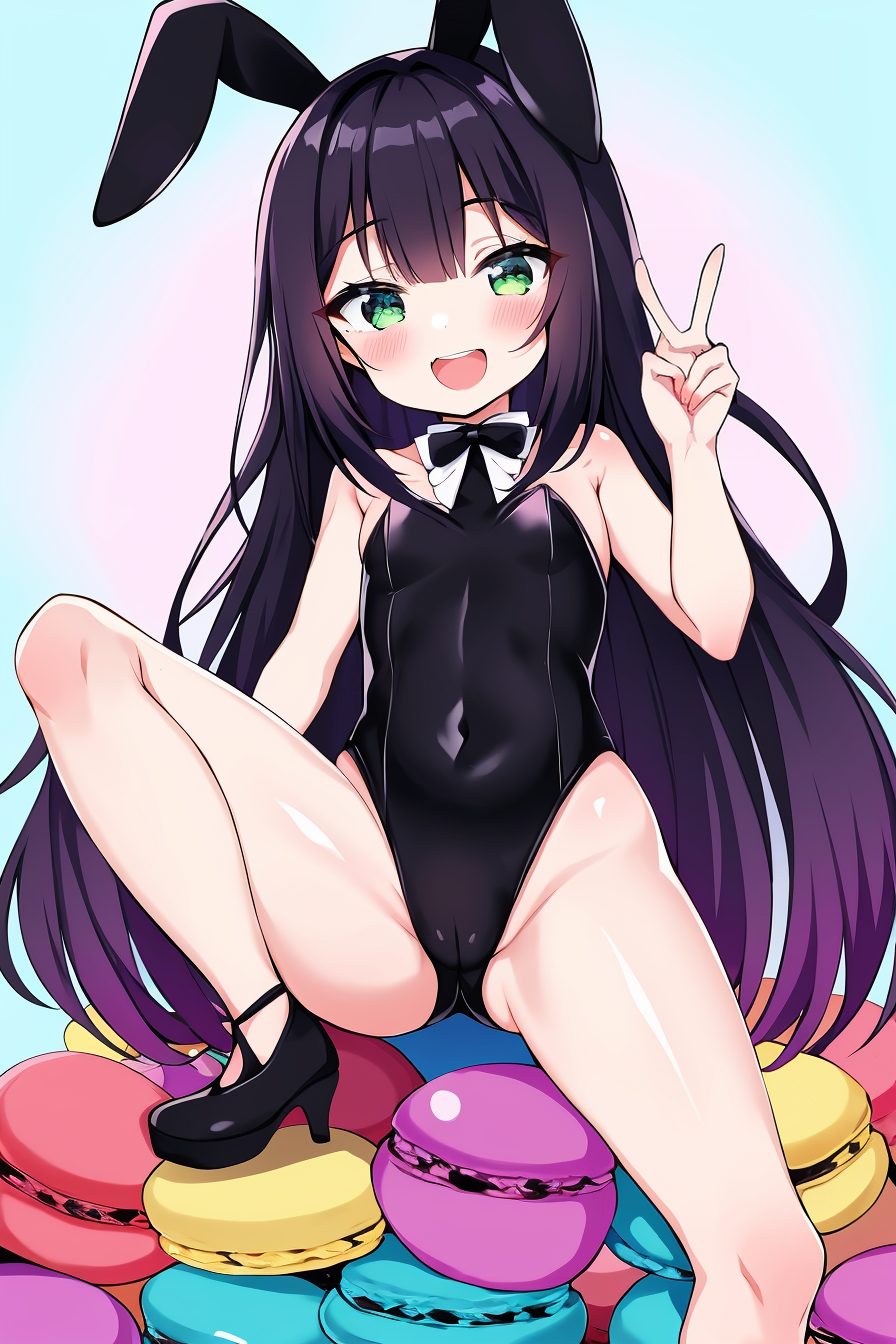 1girl, solo, leotard, animal ears, playboy bunny, green eyes, black leotard, v, cameltoe, rabbit ears, high heels, macaron, strapless leotard, breasts, smile, black hair, long hair, bowtie, black footwear, covered navel, strapless, highleg leotard, small breasts, bow, detached collar, food, loli, highleg, bare legs, knee up, fake animal ears, open mouth, blush, thighs, black bowtie, looking at viewer, purple hair, 赤面, 笑顔, バニーガール, 黒髪, 紫髪, 靴, 裸足, ハイヒール, レオタード, 足, 獣耳, ロングヘア, 貧乳, うさ耳, ハイグレ, ok