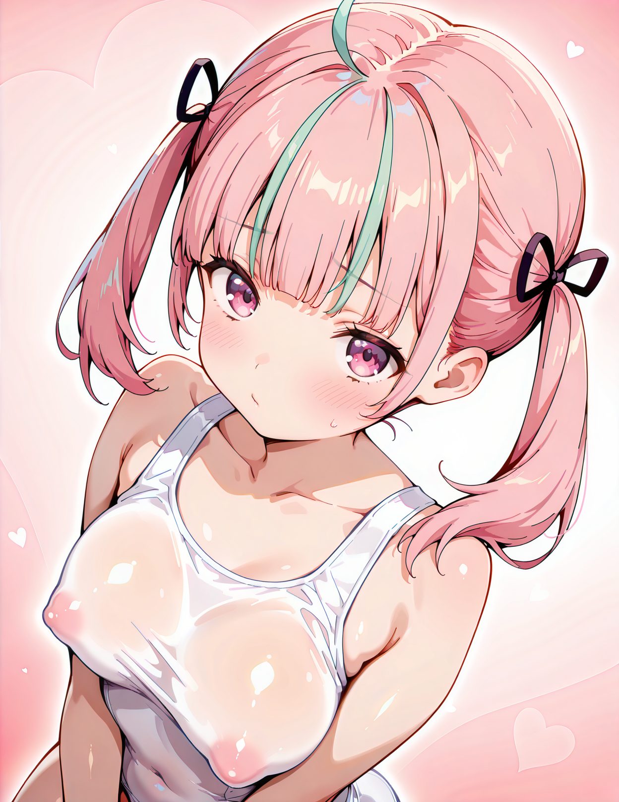 questionable, 1girl, solo, long_hair, breasts, looking_at_viewer, blush, bangs, large_breasts, ribbon, bare_shoulders, twintails, medium_breasts, closed_mouth, nipples, collarbone, swimsuit, hair_ribbon, pink_hair, ahoge, heart, sidelocks, multicolored_hair, shiny, virtual_youtuber, blunt_bangs, pink_eyes, covered_nipples, two-tone_hair, streaked_hair, wet, see-through, gradient, one-piece_swimsuit, gradient_background, black_ribbon, covered_navel, pink_background, school_swimsuit, white_one-piece_swimsuit, minato_aqua, 赤面, 乳首, ツインテール, 水着, アホ毛, 濡れ透け, 巨乳, ぱっつん, ワンピース, 透け, スクール水着, バーチャルYouTuber, ホロライブ, 湊あくあ, Posted