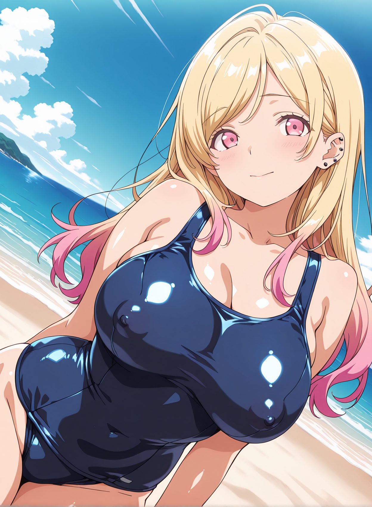 questionable, 1girl, solo, long_hair, breasts, looking_at_viewer, blush, smile, bangs, blonde_hair, large_breasts, cleavage, bare_shoulders, jewelry, closed_mouth, collarbone, swimsuit, pink_hair, multicolored_hair, cowboy_shot, earrings, outdoors, sky, day, shiny, cloud, pink_eyes, water, covered_nipples, blue_sky, one-piece_swimsuit, shiny_skin, dutch_angle, covered_navel, gradient_hair, ocean, beach, arms_behind_back, piercing, school_swimsuit, ear_piercing, shiny_clothes, blue_one-piece_swimsuit, sand, horizon, stud_earrings, 赤面, 笑顔, 胸チラ, 水着, 巨乳, ぱっつん, ワンピース, スクール水着, Posted