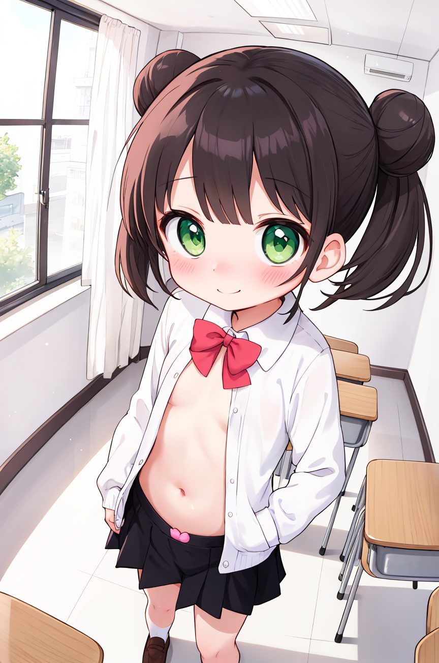 1girl, open clothes, shirt, double bun, hair bun, indoors, solo, navel, open shirt, small breasts, window, breasts, skirt, white shirt, desk, green eyes, black skirt, smile, bow, loli, blush, pleated skirt, brown footwear, shoes, dress shirt, collared shirt, looking at viewer, socks, black hair, loafers, closed mouth, red bow, twintails, standing, sleeves past wrists, school desk, curtains, bangs, heart, long sleeves, white socks, chair, brown hair, 赤面, 笑顔, ツインテール, 黒髪, 靴, Yシャツ, 貧乳, ぱっつん, Tシャツ
