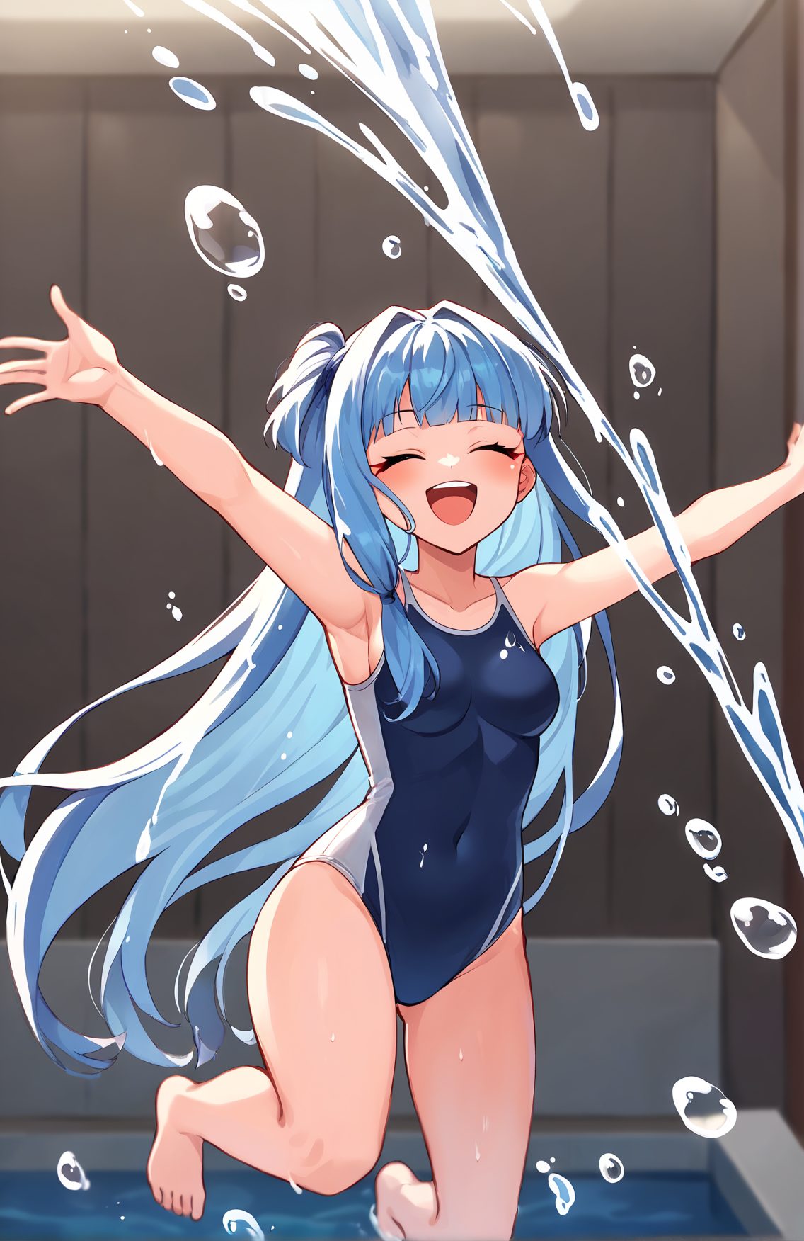 1girl, solo, blue hair, swimsuit, one-piece swimsuit, smile, breasts, closed eyes, long hair, covered navel, blue one-piece swimsuit, barefoot, open mouth, blush, water, bangs, very long hair, :d, collarbone, outstretched arms, teeth, armpits, arms up, indoors, ^ ^, bare legs, full body, facing viewer, splashing, blunt bangs, bare shoulders, small breasts, 赤面, 笑顔, 裸足, 水着, 青髪, ロングヘア, 貧乳, ぱっつん, ワンピース, 足