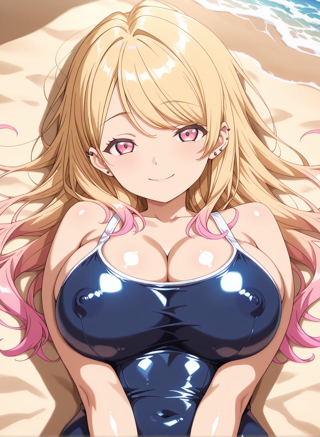 questionable, 1girl, solo, long_hair, breasts, looking_at_viewer, blush, smile, bangs, blonde_hair, large_breasts, cleavage, bare_shoulders, jewelry, closed_mouth, collarbone, swimsuit, upper_body, pink_hair, multicolored_hair, earrings, lying, shiny, on_back, pink_eyes, covered_nipples, one-piece_swimsuit, shiny_skin, bare_arms, covered_navel, gradient_hair, piercing, school_swimsuit, ear_piercing, skin_tight, shiny_clothes, blue_one-piece_swimsuit, competition_school_swimsuit, barbell_piercing, multiple_piercings, kitagawa_marin, 赤面, 笑顔, 胸チラ, 水着, 巨乳, ぱっつん, ワンピース, スクール水着, ぴっちりスーツ, 喜多川海夢, その着せ替え人形は恋をする, Posted