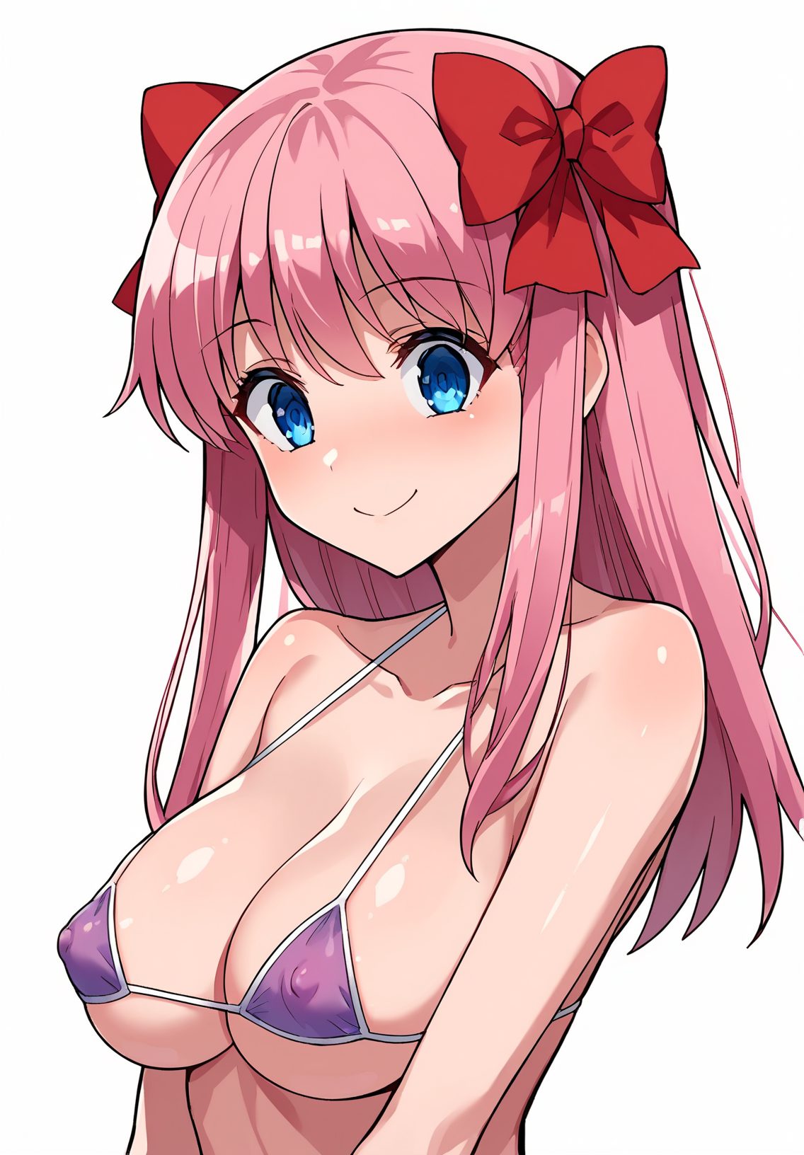 1girl, breasts, solo, swimsuit, haramura nodoka, pink hair, covered nipples, bikini, blue eyes, micro bikini, white background, simple background, long hair, smile, bow, purple bikini, hair bow, large breasts, upper body, collarbone, red bow, looking at viewer, blush, cleavage, closed mouth, bangs, bare shoulders, areola slip, 赤面, 笑顔, 胸チラ, 乳首チラ, 水着, ロングヘア, 巨乳, マイクロビキニ, ぱっつん, ピンク髪, 咲-Saki-