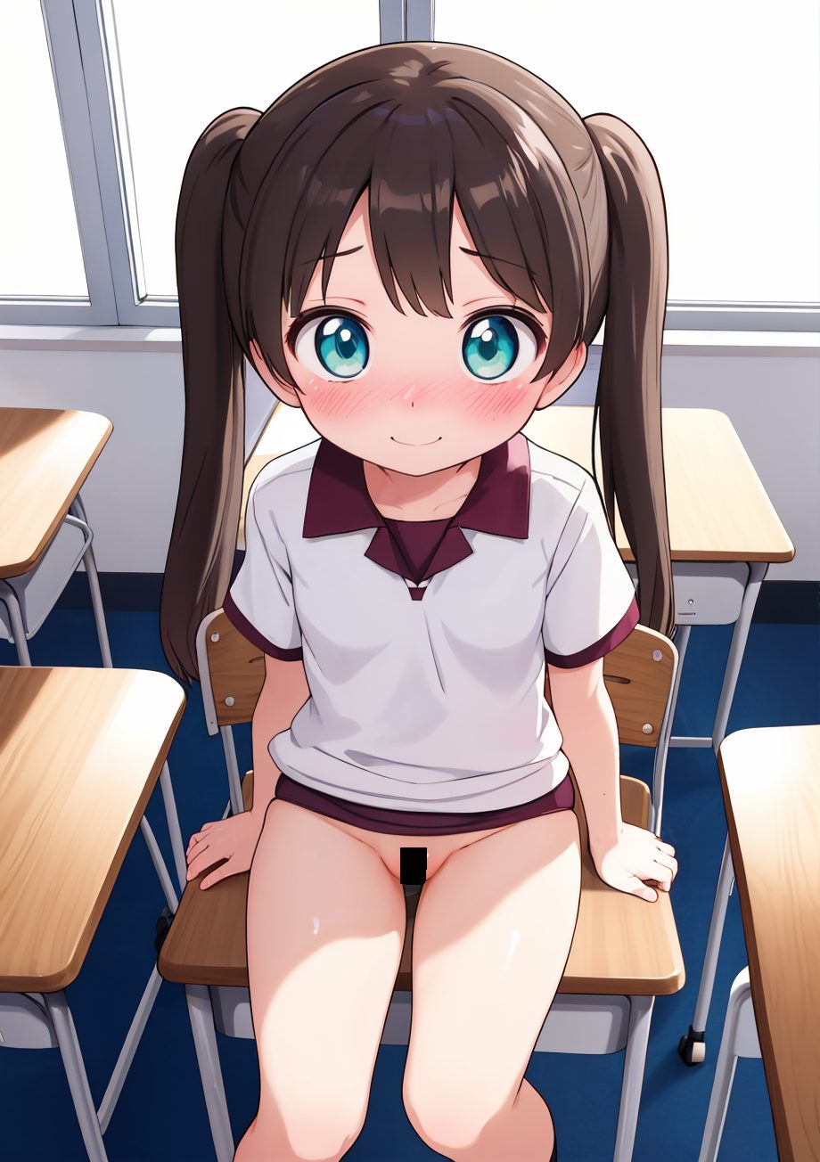 1girl, solo, bottomless, sitting, blush, twintails, indoors, long hair, pussy, desk, loli, looking at viewer, smile, chair, brown hair, window, shirt, classroom, short sleeves, white shirt, thighs, gym uniform, blue eyes, socks, closed mouth, school desk, black socks, kneehighs, 赤面, 笑顔, 下脱ぎ, ツインテール, ボトムレス, 露出, ロングヘア, おまんこ, Tシャツ, ニーソックス, 体操服