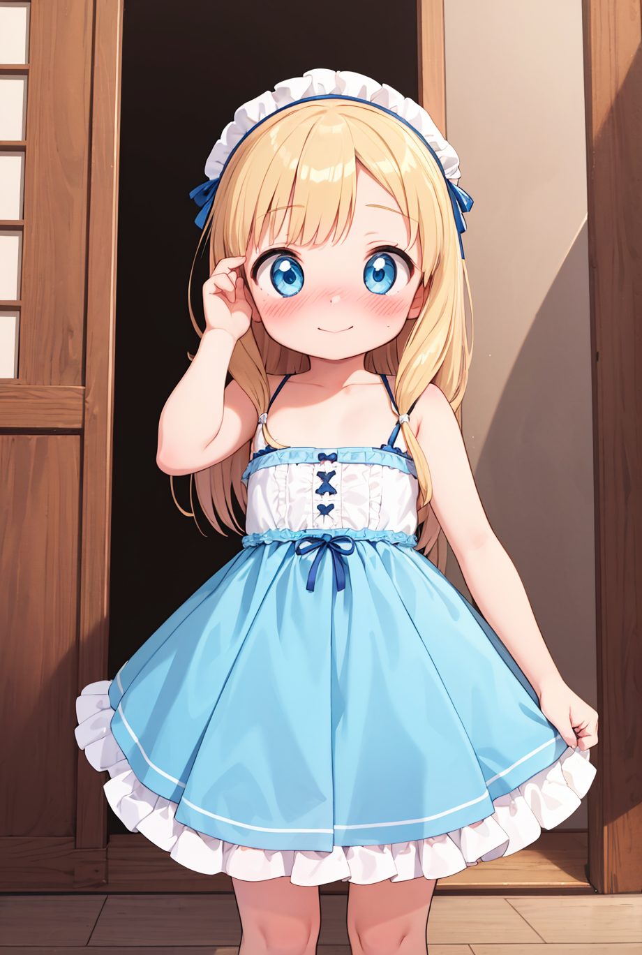 1girl, solo, long hair, blue eyes, dress, blush, blonde hair, maid headdress, blue dress, smile, looking at viewer, sleeveless dress, sundress, doorway, sleeveless, arm up, bare shoulders, door, frills, indoors, frilled dress, bangs, short dress, flat chest, child, 赤面, 笑顔, ドレス, ノースリーブ, フリル, ロングヘア, 貧乳, つるぺた, ぱっつん, 金髪, ok
