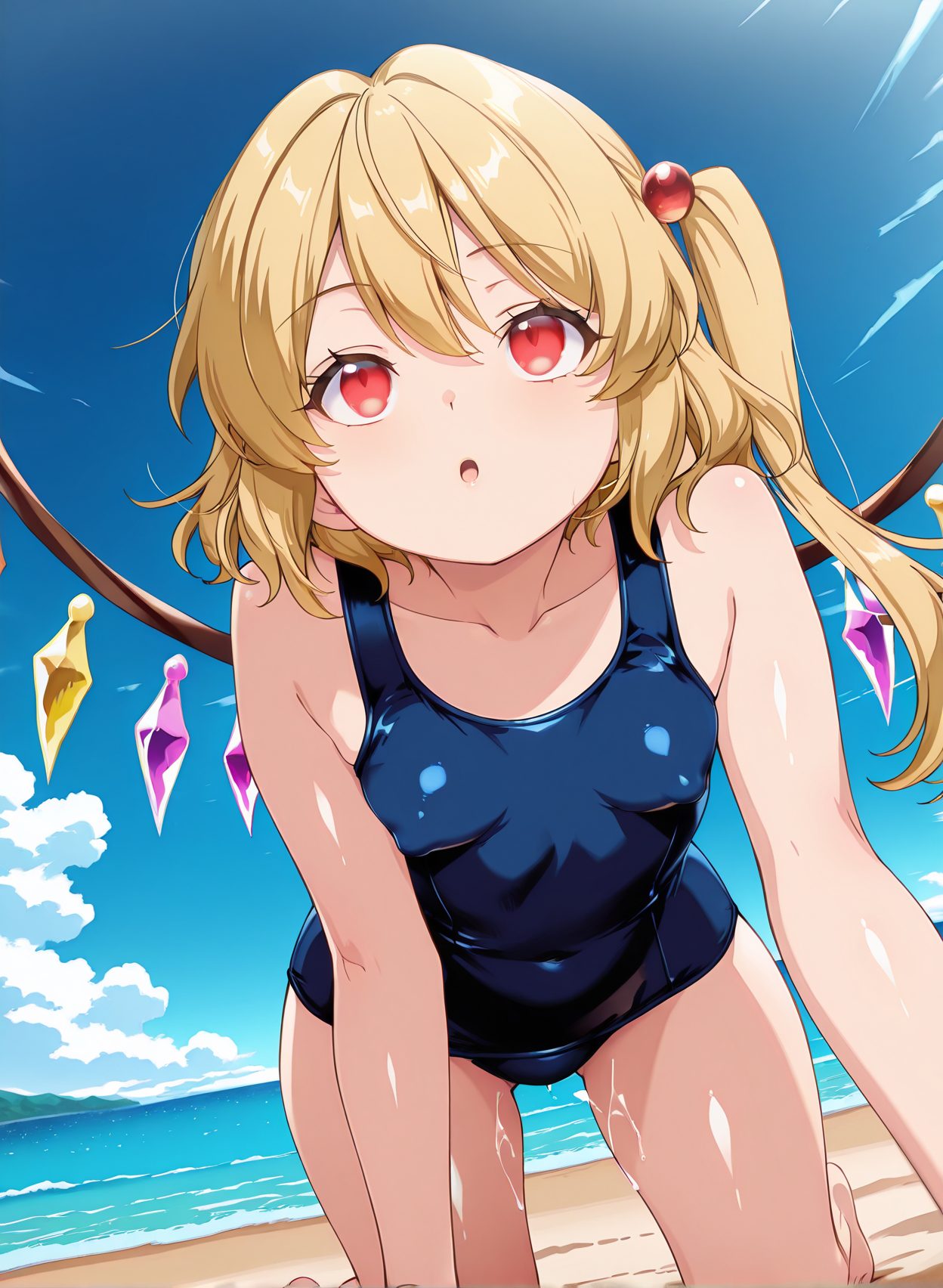 questionable, 1girl, solo, breasts, looking_at_viewer, open_mouth, bangs, blonde_hair, hair_ornament, red_eyes, hair_between_eyes, bare_shoulders, collarbone, swimsuit, small_breasts, outdoors, wings, sky, day, shiny, cloud, water, :o, side_ponytail, covered_nipples, blue_sky, one-piece_swimsuit, covered_navel, ocean, one_side_up, beach, school_swimsuit, hair_bobbles, all_fours, no_headwear, shiny_clothes, blue_one-piece_swimsuit, crystal, sand, flandre_scarlet, 水着, 貧乳, ぱっつん, ワンピース, スクール水着, 東方Project, フランドール・スカーレット, Posted