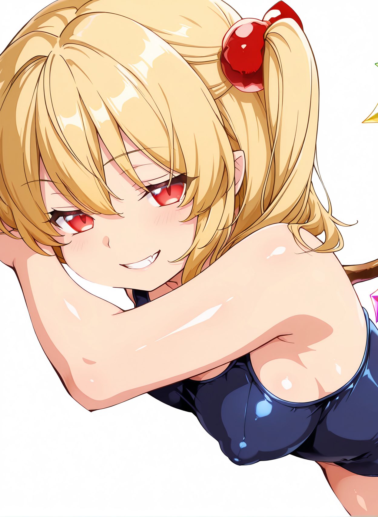 questionable, 1girl, solo, breasts, looking_at_viewer, blush, smile, bangs, blonde_hair, simple_background, hair_ornament, red_eyes, white_background, hair_between_eyes, bare_shoulders, medium_breasts, swimsuit, lying, wings, pointy_ears, fang, shiny, grin, covered_nipples, one-piece_swimsuit, shiny_skin, one_side_up, school_swimsuit, hair_bobbles, no_headwear, blue_one-piece_swimsuit, crystal, flandre_scarlet, 赤面, 笑顔, ワンピース, 水着, スクール水着, ぱっつん, 東方Project, フランドール・スカーレット