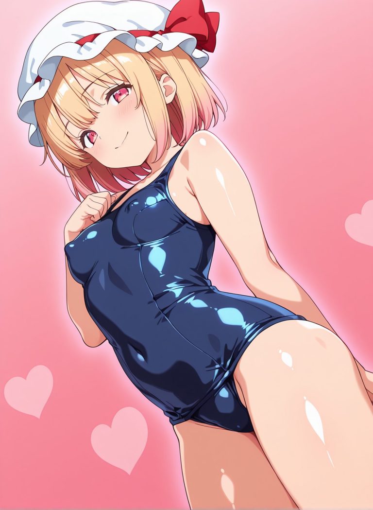 sensitive, questionable, 1girl, solo, breasts, looking_at_viewer, blush, smile, short_hair, bangs, blonde_hair, simple_background, red_eyes, hat, ribbon, bare_shoulders, closed_mouth, standing, swimsuit, heart, cowboy_shot, small_breasts, shiny, hand_up, covered_nipples, red_ribbon, gradient, one-piece_swimsuit, shiny_skin, bare_arms, gradient_background, dutch_angle, covered_navel, white_headwear, from_below, pink_background, school_swimsuit, mob_cap, hat_ribbon, hand_on_own_chest, shiny_clothes, blue_one-piece_swimsuit, old_school_swimsuit, flandre_scarlet, 赤面, 笑顔, 帽子, 水着, 貧乳, ぱっつん, ワンピース, スクール水着, 東方Project, フランドール・スカーレット