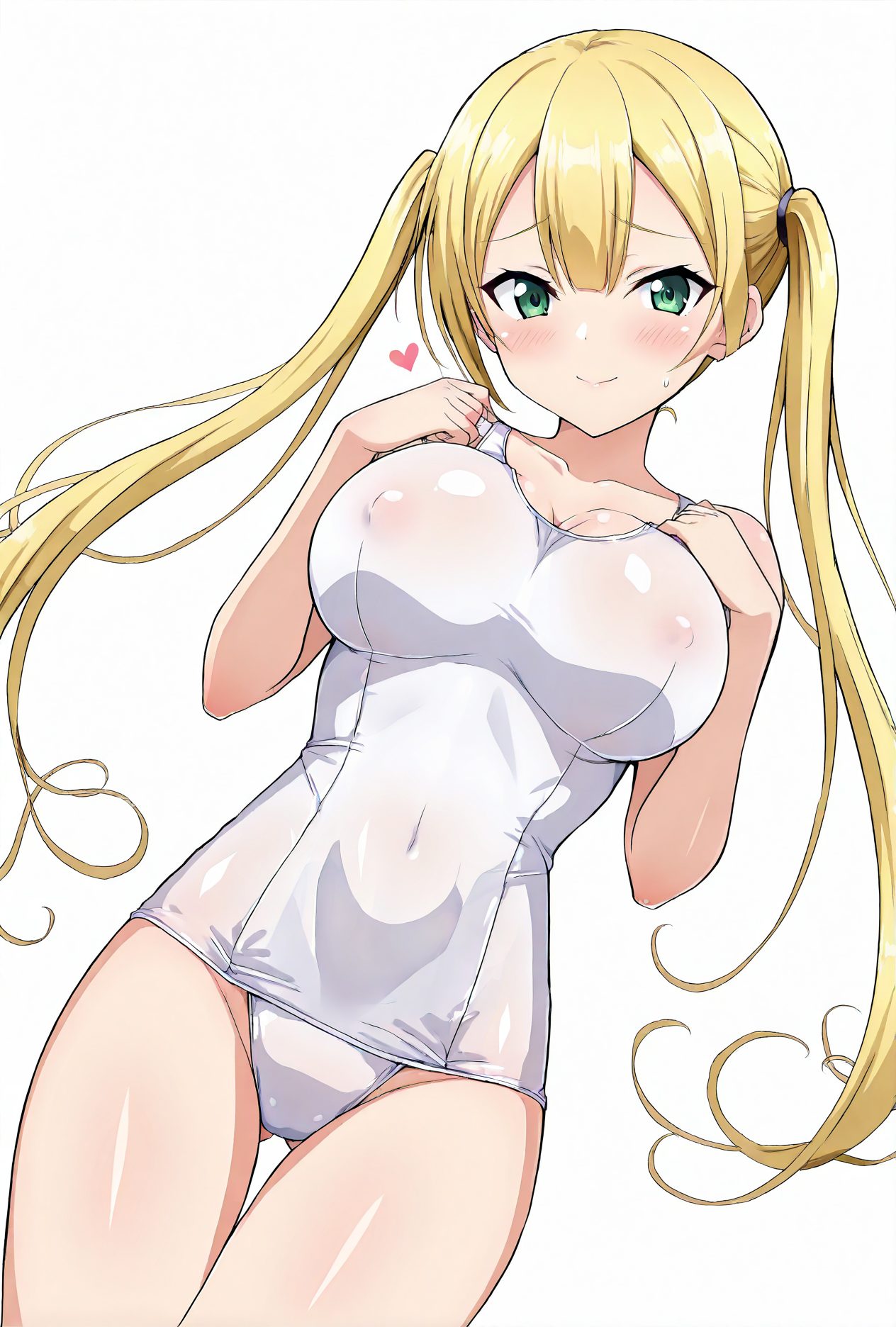 1girl, breasts, swimsuit, solo, green eyes, white one-piece swimsuit, one-piece swimsuit, twintails, large breasts, blonde hair, school swimsuit, white background, simple background, long hair, looking at viewer, blush, covered nipples, covered navel, heart, bangs, collarbone, ass visible through thighs, cleavage, shiny, smile, cowboy shot, old school swimsuit, closed mouth, thigh gap, sweatdrop, thighs, shiny skin, see-through, 赤面, 恥じらい, 笑顔, ツインテール, 胸チラ, 乳首チラ, 水着, 濡れ透け, ロングヘア, 巨乳, 脚, 光沢, テカリ, ぱっつん, ワンピース, 太もも, 透け, アングル, スクール水着, 金髪, Posted