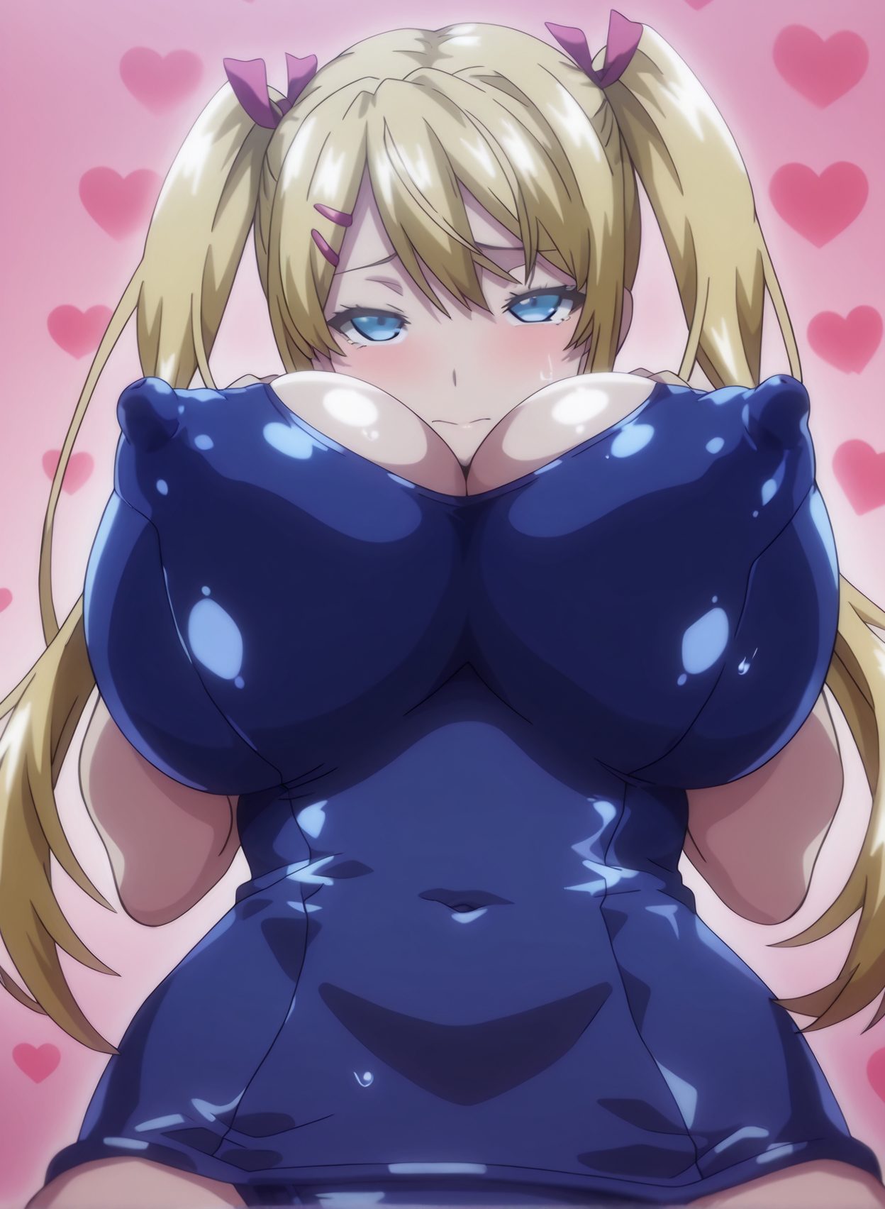 questionable, 1girl, solo, long_hair, breasts, looking_at_viewer, blush, bangs, blue_eyes, blonde_hair, hair_ornament, ribbon, cleavage, twintails, closed_mouth, swimsuit, hair_ribbon, heart, hairclip, shiny, huge_breasts, covered_nipples, one-piece_swimsuit, gradient_background, covered_navel, from_below, pink_background, school_swimsuit, shiny_clothes, blue_one-piece_swimsuit, old_school_swimsuit, heart_background, 赤面, ツインテール, 胸チラ, 水着, 巨乳, ぱっつん, ワンピース, スクール水着, Posted