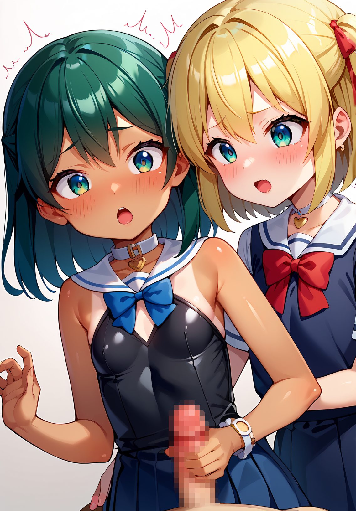 penis, blonde hair, hetero, 1boy, open mouth, tan, blush, uncensored, multiple girls, 2girls, sailor collar, green hair, bow, handjob, breasts, loli, green eyes, blue eyes, jewelry, simple background, collar, white sailor collar, school uniform, dress, small breasts, white background, tanlines, short hair, ribbon, dark skin, bowtie, red bow, heart, hair ribbon, :o, multicolored eyes, ^^^, 赤面, 制服, 褐色肌, 手コキ, ちんこ, 夏, 貧乳, 日焼け, ショートカット, 金髪