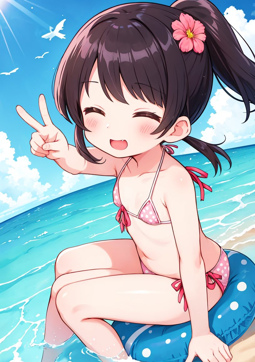 1girl, solo, swimsuit, bikini, closed eyes, smile, v, hair flower, ^ ^, flower, side-tie bikini bottom, fang, black hair, hair ornament, innertube, sitting, ponytail, pink bikini, bare shoulders, water, navel, blush, outdoors, polka dot, open mouth, soaking feet, polka dot bikini, bare arms, flat chest, :d, pink flower, collarbone, day, long hair, bangs, bare legs, beach, twintails, front-tie top, 赤面, 笑顔, ツインテール, ポニーテール, 黒髪, 裸足, 水着, ロングヘア, 貧乳, つるぺた, ぱっつん, 足