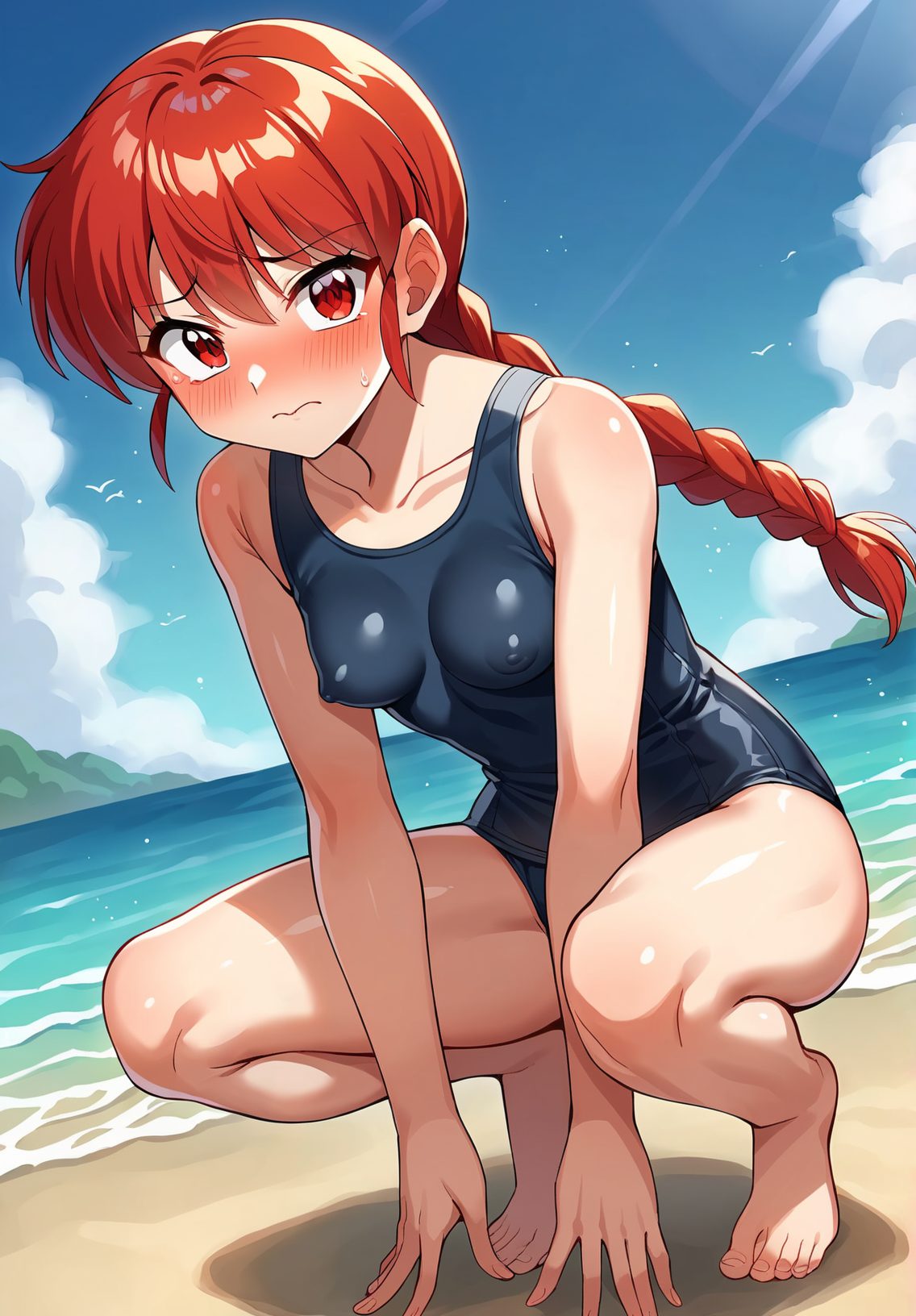 1girl, braid, solo, breasts, ranma-chan, swimsuit, squatting, one-piece swimsuit, red hair, red eyes, blush, long hair, beach, braided ponytail, covered nipples, looking at viewer, barefoot, single braid, school swimsuit, outdoors, closed mouth, ocean, full body, collarbone, small breasts, sweatdrop, tiptoes, black one-piece swimsuit, bangs, sand, toes, day, wavy mouth, embarrassed, water, 赤面, 恥じらい, 赤髪, 乳首チラ, 水着, 赤目, ロングヘア, 貧乳, ぱっつん, ワンピース, スクール水着, らんま1/2, Posted