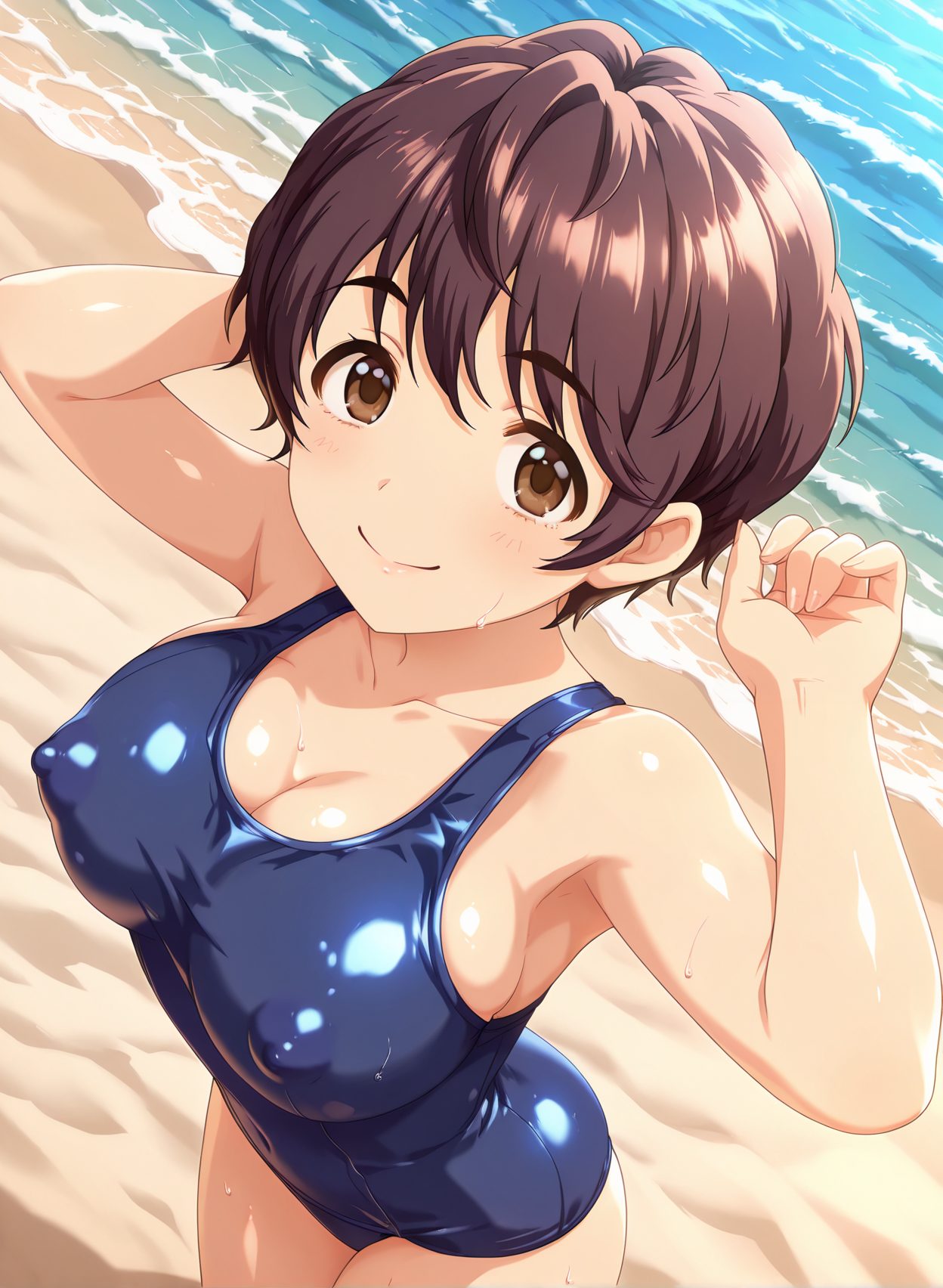 questionable, 1girl, solo, breasts, looking_at_viewer, blush, smile, short_hair, bangs, large_breasts, brown_hair, cleavage, bare_shoulders, brown_eyes, closed_mouth, collarbone, swimsuit, outdoors, day, shiny, water, arm_up, covered_nipples, wet, one-piece_swimsuit, ocean, beach, school_swimsuit, shiny_clothes, blue_one-piece_swimsuit, sand, oikawa_shizuku, 赤面, 笑顔, 胸チラ, 水着, 巨乳, ぱっつん, ワンピース, スクール水着, アイドルマスター, Posted