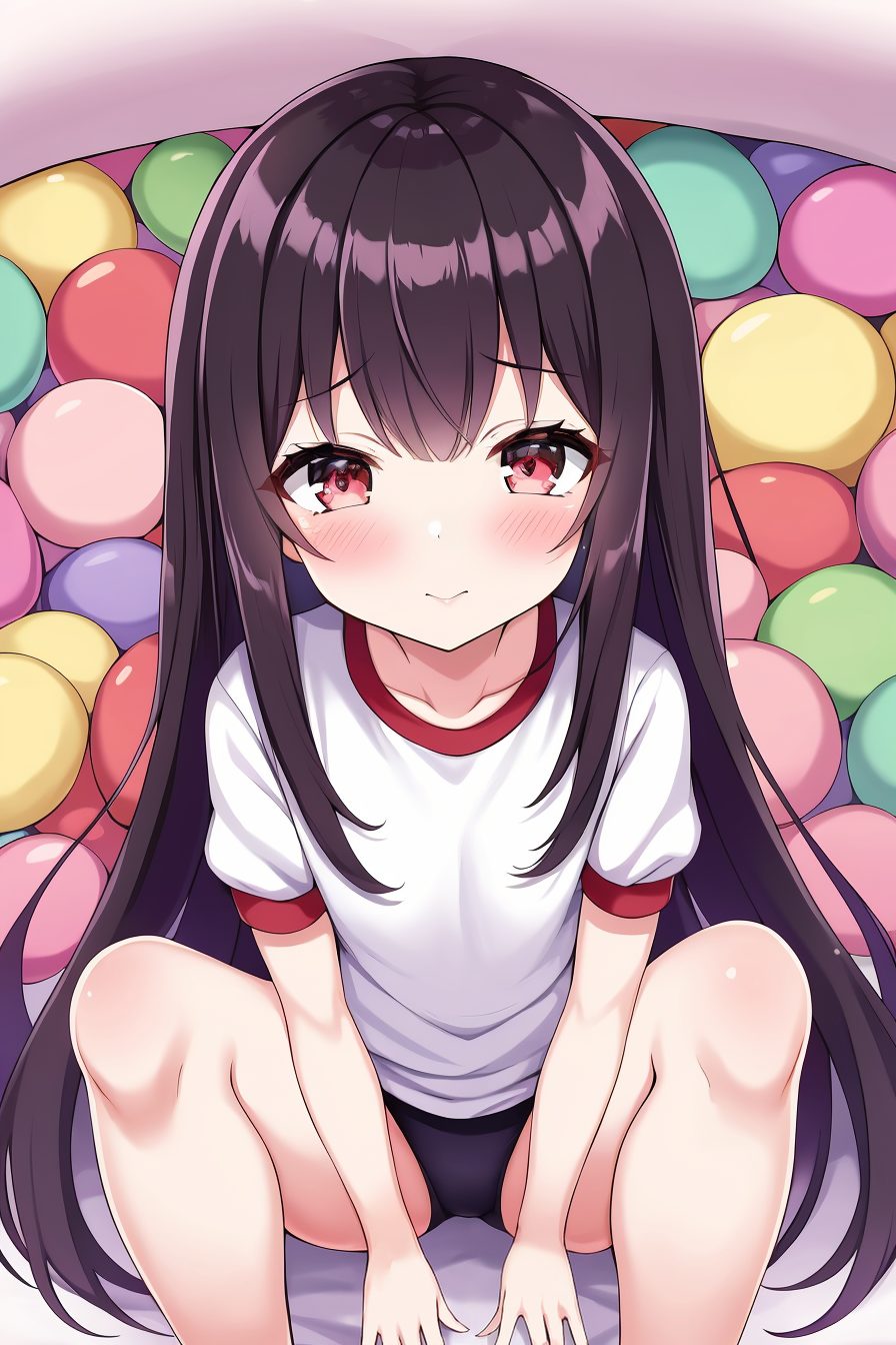 1girl, solo, long hair, buruma, red eyes, shirt, looking at viewer, gym uniform, blush, white shirt, short sleeves, sitting, black hair, bangs, closed mouth, very long hair, collarbone, feet out of frame, spread legs, hair between eyes, knees up, gym shirt, thighs, 赤面, M字開脚, 黒髪, ブルマ, 開脚, 赤目, ロングヘア, ぱっつん, Tシャツ, 体操服