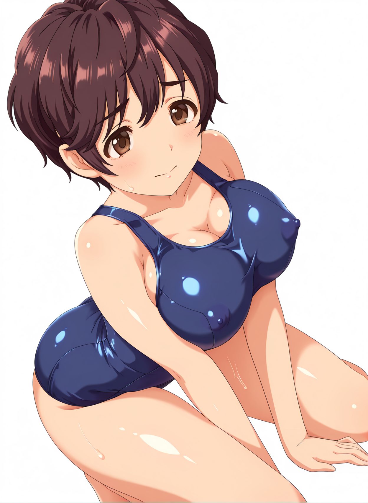 questionable, 1girl, solo, breasts, blush, short_hair, large_breasts, simple_background, brown_hair, white_background, cleavage, brown_eyes, closed_mouth, collarbone, swimsuit, shiny, covered_nipples, wet, one-piece_swimsuit, shiny_skin, school_swimsuit, blue_one-piece_swimsuit, oikawa_shizuku, 赤面, 胸チラ, 水着, 巨乳, ワンピース, スクール水着, アイドルマスター