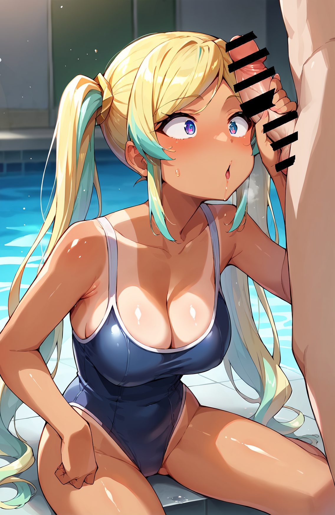 1girl, breasts, tan, swimsuit, cleavage, pool, 1boy, penis, hetero, poolside, one-piece swimsuit, twintails, large breasts, blush, uncensored, tanlines, long hair, blonde hair, collarbone, sitting, open mouth, erection, bangs, penis awe, multicolored hair, solo focus, blue eyes, swept bangs, very long hair, groin, bare arms, sidelocks, shiny, tiles, parted bangs, tile floor, thighs, school swimsuit, handjob, aqua hair, shiny skin, bare shoulders, purple eyes, blue one-piece swimsuit, testicles, highleg, wide-eyed, looking at penis, covered navel, on floor, two-tone hair, dark skin, wariza, streaked hair, water, highleg swimsuit, 赤面, 裸足, ロングヘア, 巨乳, ぱっつん, ワンピース, テカリ, ツインテール, 褐色肌, 手コキ, ちんこ, 光沢, 金髪, ハイグレ, 胸チラ, 水着, 競泳水着, 青髪, 夏, 日焼け, スクール水着