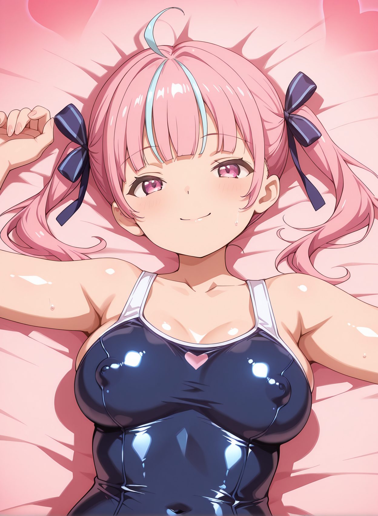 questionable, 1girl, solo, breasts, looking_at_viewer, blush, smile, bangs, large_breasts, ribbon, twintails, medium_breasts, closed_mouth, blue_hair, purple_eyes, collarbone, swimsuit, hair_ribbon, upper_body, pink_hair, ahoge, heart, multicolored_hair, lying, shiny, virtual_youtuber, blunt_bangs, on_back, pink_eyes, covered_nipples, two-tone_hair, streaked_hair, one-piece_swimsuit, bed_sheet, school_swimsuit, blue_ribbon, shiny_clothes, blue_one-piece_swimsuit, minato_aqua, 赤面, 笑顔, ツインテール, 水着, アホ毛, 巨乳, ぱっつん, ワンピース, スクール水着, バーチャルYouTuber, ホロライブ, 湊あくあ
