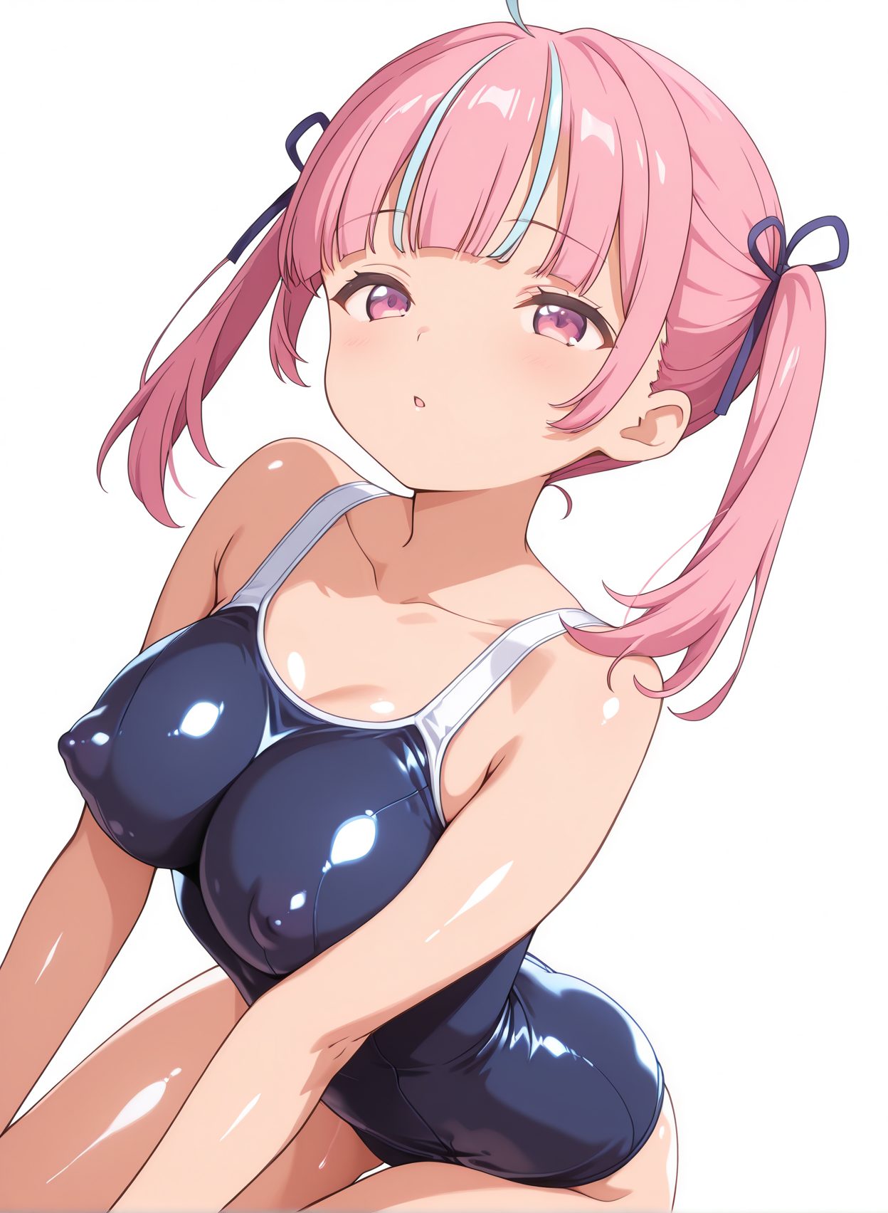 questionable, 1girl, solo, breasts, looking_at_viewer, blush, bangs, large_breasts, simple_background, white_background, ribbon, cleavage, bare_shoulders, twintails, blue_hair, collarbone, swimsuit, hair_ribbon, pink_hair, ahoge, sidelocks, multicolored_hair, parted_lips, shiny, virtual_youtuber, blunt_bangs, pink_eyes, :o, covered_nipples, two-tone_hair, streaked_hair, one-piece_swimsuit, shiny_skin, school_swimsuit, blue_ribbon, shiny_clothes, blue_one-piece_swimsuit, minato_aqua, 赤面, ツインテール, 胸チラ, 水着, アホ毛, 巨乳, ぱっつん, ワンピース, スクール水着, バーチャルYouTuber, ホロライブ, 湊あくあ