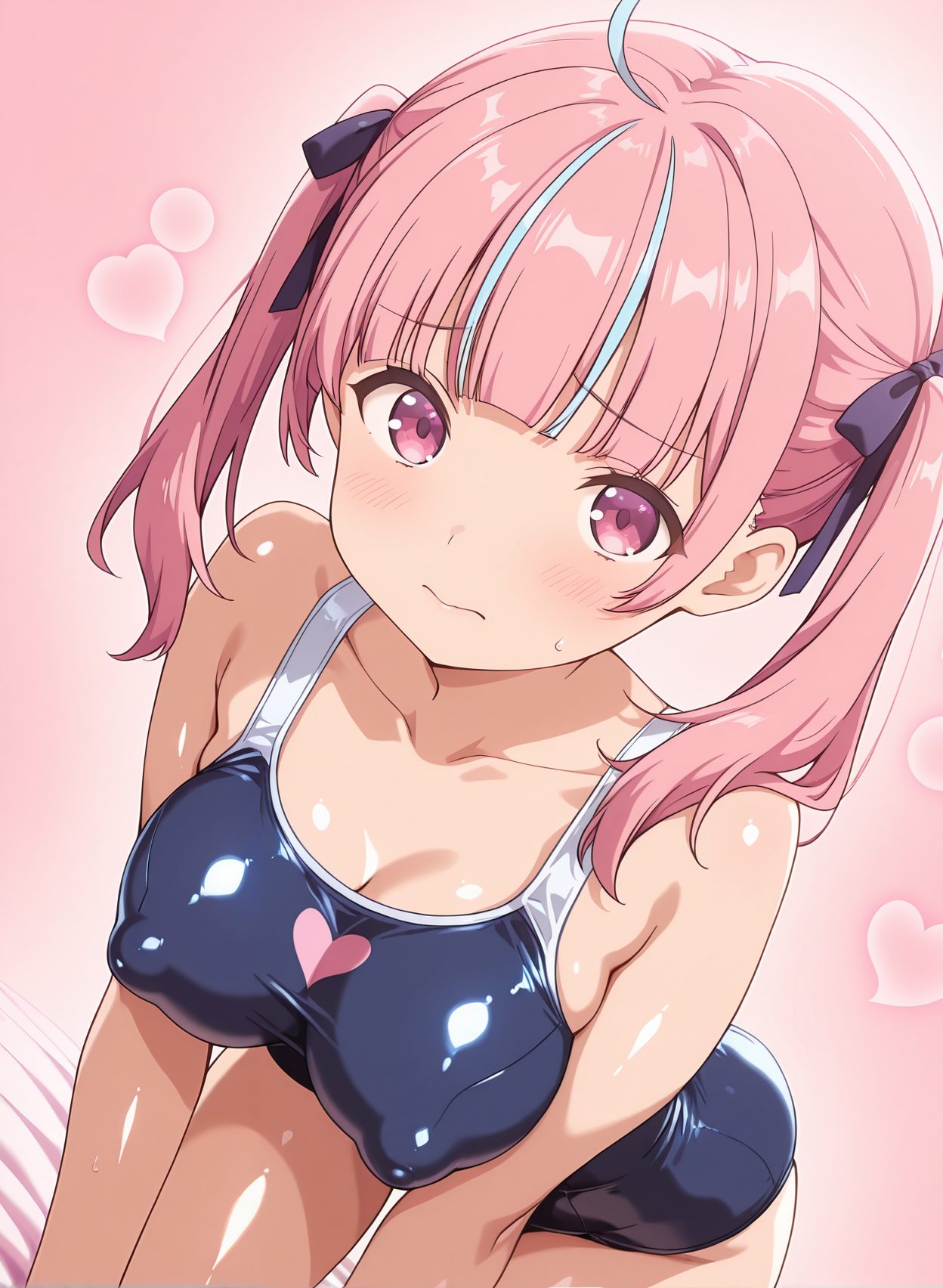 questionable, 1girl, solo, long_hair, breasts, looking_at_viewer, blush, bangs, large_breasts, bow, ribbon, cleavage, bare_shoulders, twintails, closed_mouth, blue_hair, purple_eyes, collarbone, swimsuit, hair_ribbon, pink_hair, ahoge, hair_bow, heart, sidelocks, multicolored_hair, shiny, virtual_youtuber, blunt_bangs, pink_eyes, covered_nipples, two-tone_hair, streaked_hair, one-piece_swimsuit, shiny_skin, leaning_forward, pink_background, school_swimsuit, blue_one-piece_swimsuit, competition_school_swimsuit, minato_aqua, 赤面, ツインテール, 胸チラ, 水着, アホ毛, 巨乳, ぱっつん, ワンピース, スクール水着, バーチャルYouTuber, ホロライブ, 湊あくあ, Posted, posted