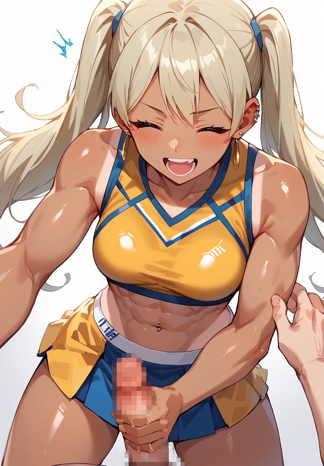 1girl, handjob, penis, twintails, closed eyes, open mouth, 1boy, breasts, skirt, dark skin, piercing, hetero, long hair, solo focus, abs, smile, navel piercing, crop top, blush, bare shoulders, uncensored, blonde hair, cheerleader, sleeveless, bare arms, jewelry, midriff, bangs, earrings, miniskirt, navel, dark-skinned female, fang, pov, shirt, pleated skirt, collarbone, erection, sleeveless shirt, simple background, white background, tan, blue skirt, :d, ear piercing, cowboy shot, large breasts, precum, thighs, teeth, medium breasts, v-shaped eyebrows, 赤面, 笑顔, ツインテール, 裸足, 褐色肌, 手コキ, ノースリーブ, ちんこ, 夏, 巨乳, へそ, ロングヘア, ぱっつん, スカート, アングル, 金髪, Tシャツ