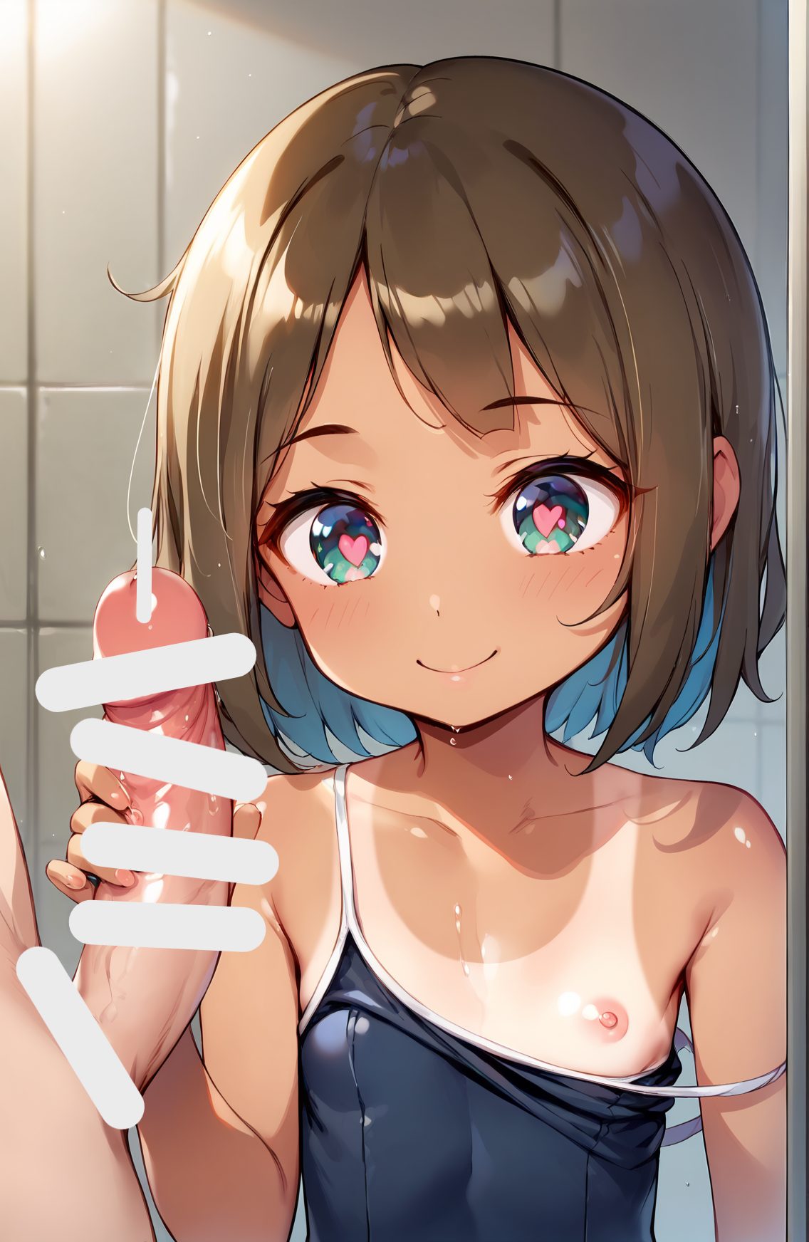 1girl, tan, swimsuit, 1boy, heart-shaped pupils, penis, hetero, one-piece swimsuit, nipples, heart, brown hair, uncensored, symbol-shaped pupils, handjob, tanlines, smile, school swimsuit, loli, solo focus, closed mouth, blush, breasts, short hair, bangs, small breasts, collarbone, upper body, wet, strap slip, veins, blue eyes, veiny penis, erection, green eyes, one-piece tan, blue one-piece swimsuit, bare shoulders, large penis, ハート目, 赤面, 笑顔, 乳首, 水着, 褐色肌, 手コキ, ちんこ, 夏, 貧乳, 日焼け, ぱっつん, ワンピース, スクール水着, ショートカット
