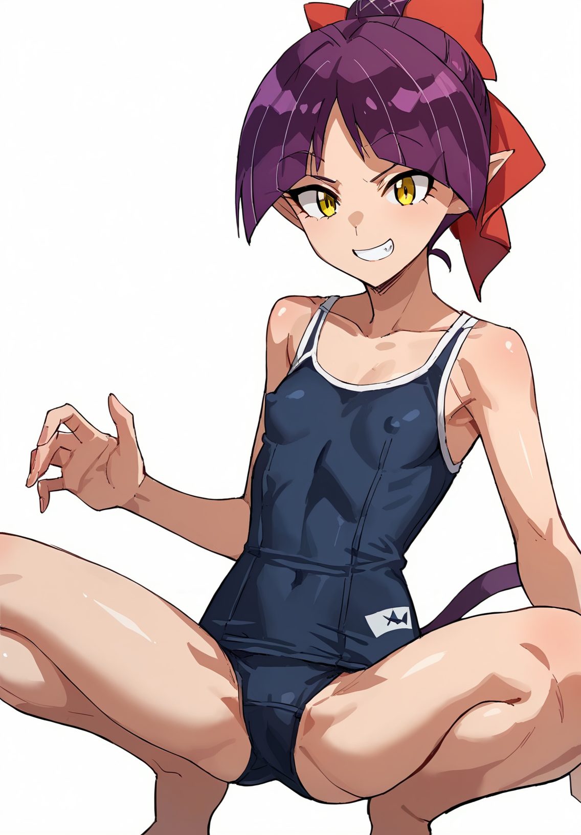1girl, nekomusume, swimsuit, nekomusume \(gegege no kitarou 6\), yellow eyes, school swimsuit, solo, smile, one-piece swimsuit, pointy ears, covered nipples, purple hair, looking at viewer, white background, teeth, simple background, blue one-piece swimsuit, breasts, grin, squatting, covered navel, spread legs, hair bow, bow, barefoot, small breasts, red bow, short hair, cameltoe, collarbone, 笑顔, M字開脚, 乳首チラ, 紫髪, 水着, 開脚, 貧乳, ワンピース, スクール水着, ショートカット, ゲゲゲの鬼太郎, Posted