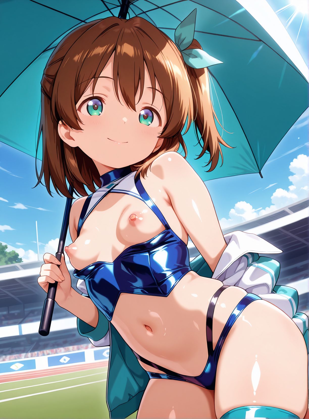 1girl, solo, breasts, nipples, small breasts, brown hair, umbrella, navel, looking at viewer, smile, jacket, holding umbrella, thighhighs, race queen, holding, symbol-shaped pupils, blush, heart-shaped pupils, closed mouth, ribbon, heart, aqua eyes, hair ribbon, off shoulder, bare shoulders, short hair, breasts out, loli, bikini, black thighhighs, breastless clothes, one side up, swimsuit, ハート目, 赤面, 笑顔, 乳首, パーカー, レースクイーン, 水着, パイモロ, 露出, 貧乳, コスチューム, ショートカット, トップレス