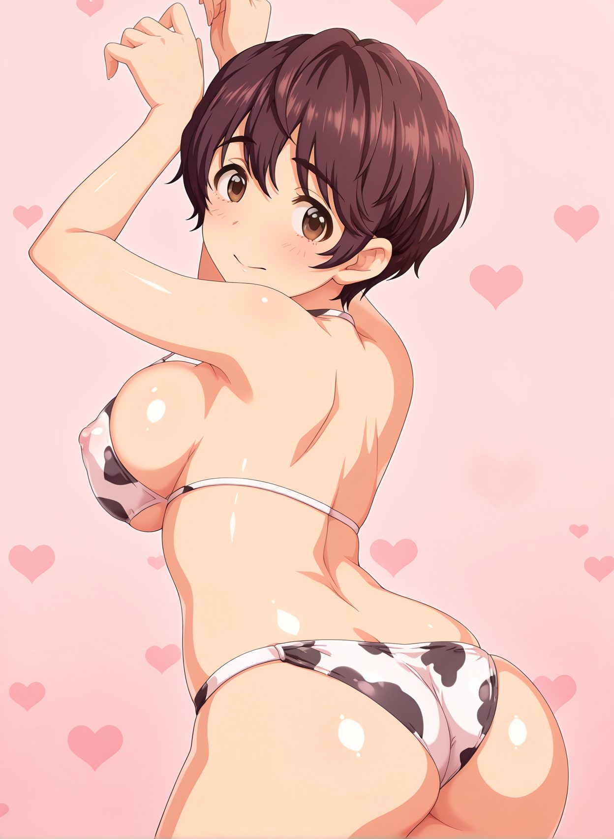 questionable, 1girl, solo, breasts, looking_at_viewer, blush, smile, short_hair, large_breasts, simple_background, brown_hair, brown_eyes, closed_mouth, swimsuit, ass, heart, bikini, cowboy_shot, looking_back, from_behind, arms_up, covered_nipples, sideboob, back, pink_background, animal_print, cow_print, oikawa_shizuku, 赤面, 笑顔, 尻, 水着, 横乳, 牛柄ビキニ, 巨乳, 背中, アイドルマスター
