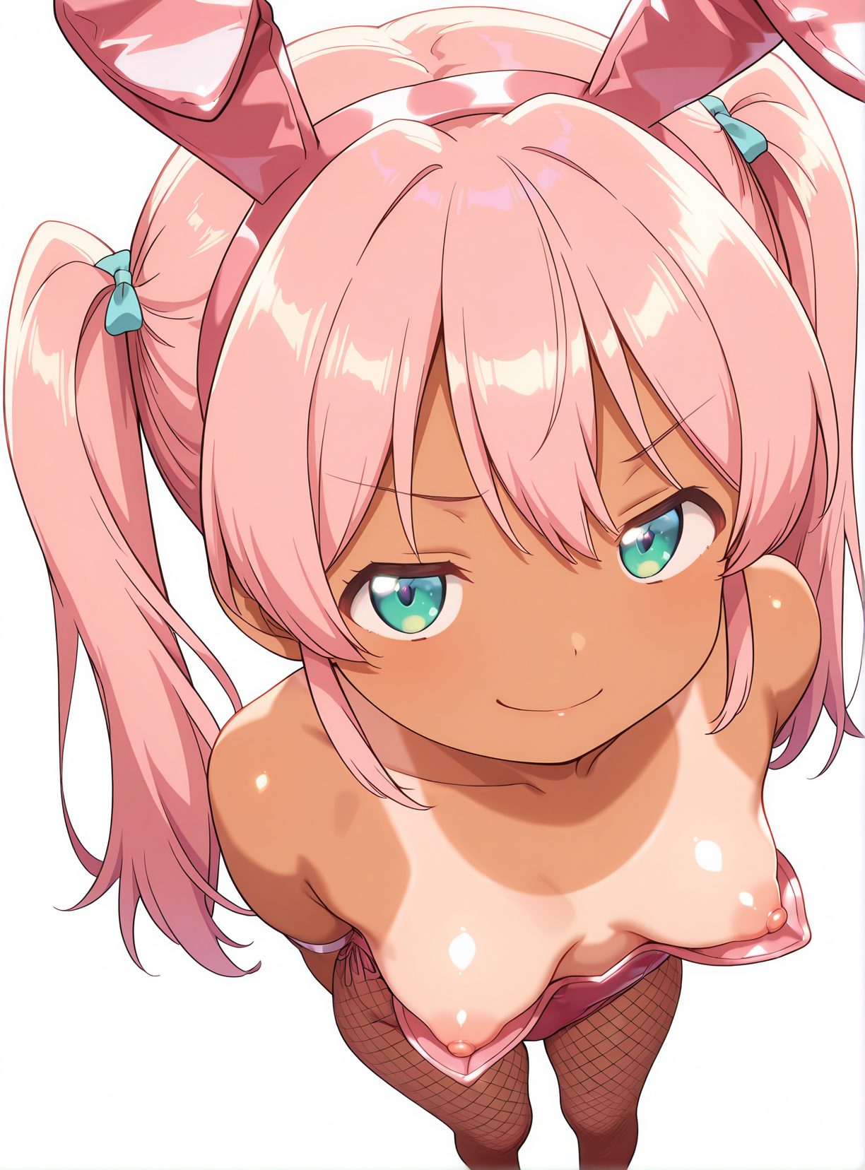 1girl, solo, breasts, nipples, rabbit ears, animal ears, looking at viewer, fake animal ears, tan, fishnets, pink hair, twintails, from above, white background, smile, playboy bunny, tanlines, pantyhose, long hair, fishnet pantyhose, simple background, bare shoulders, leotard, bangs, aqua eyes, closed mouth, collarbone, small breasts, bow, hair bow, standing, smug, sidelocks, hairband, looking up, hair between eyes, pink leotard, strapless, strapless leotard, v-shaped eyebrows, one-piece tan, green eyes, blush, shiny, arms behind back, 赤面, まなざし, 笑顔, ドヤ顔, バニーガール, 乳首, ツインテール, パンスト, 褐色肌, レオタード, 獣耳, ロングヘア, 夏, 貧乳, 網タイツ, 日焼け, ぱっつん, うさ耳, ピンク髪