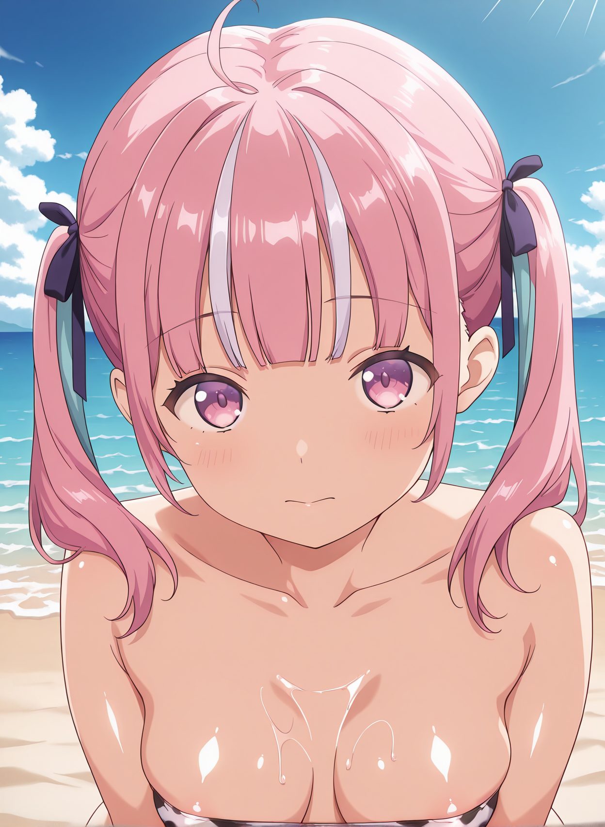 questionable, 1girl, solo, long_hair, breasts, looking_at_viewer, blush, bangs, ribbon, cleavage, bare_shoulders, twintails, medium_breasts, closed_mouth, purple_eyes, collarbone, swimsuit, hair_ribbon, upper_body, pink_hair, ahoge, sidelocks, bikini, multicolored_hair, outdoors, sky, day, shiny, cloud, virtual_youtuber, blunt_bangs, pink_eyes, water, two-tone_hair, blue_sky, streaked_hair, wet, shiny_skin, strapless, ocean, beach, animal_print, areola_slip, cow_print, strapless_bikini, minato_aqua, 赤面, ツインテール, 胸チラ, 水着, アホ毛, 牛柄ビキニ, ぱっつん, バーチャルYouTuber, ホロライブ, 湊あくあ