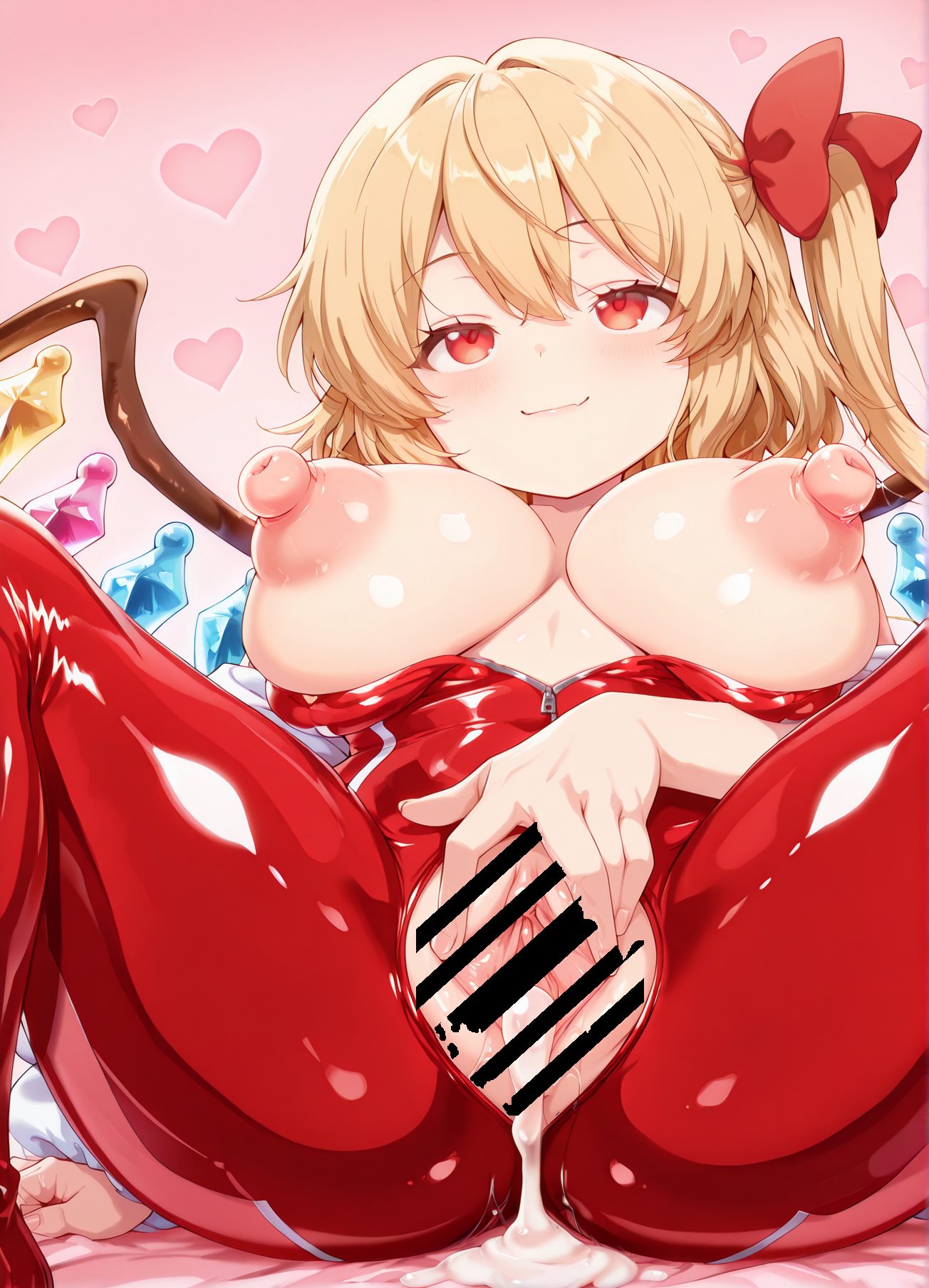 explicit, 1girl, solo, breasts, looking_at_viewer, blush, smile, blonde_hair, large_breasts, red_eyes, bow, sitting, closed_mouth, nipples, hair_bow, heart, wings, pussy, shiny, spread_legs, cum, uncensored, bodysuit, cum_in_pussy, one_side_up, pink_background, breasts_out, no_headwear, puffy_nipples, after_sex, zipper, alternate_breast_size, cumdrip, spread_pussy, crystal, clitoris, after_vaginal, latex, urethra, flandre_scarlet, 赤面, 笑顔, 乳首, 中出し, 巨乳, おまんこ, ザーメン, 東方Project, フランドール・スカーレット