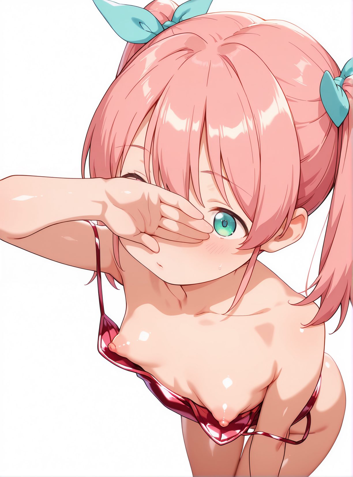 1girl, solo, nipples, breasts, small breasts, pink hair, white background, twintails, simple background, blush, collarbone, aqua eyes, bare shoulders, downblouse, closed mouth, bangs, looking at viewer, green eyes, ribbon, hair ribbon, strap slip, bow, hair bow, leaning forward, 赤面, 乳首, ツインテール, 貧乳, ぱっつん, ピンク髪