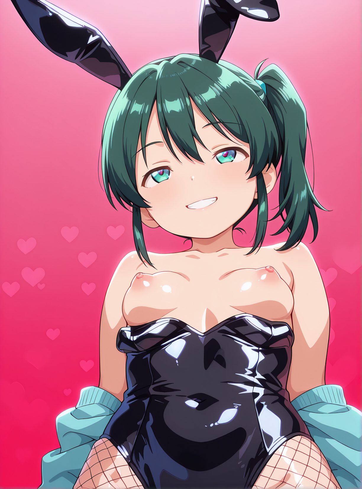 1girl, solo, playboy bunny, rabbit ears, fishnets, yazawa nico, smile, animal ears, pantyhose, black hair, twintails, blush, fishnet pantyhose, leotard, breasts, small breasts, fake animal ears, red eyes, looking at viewer, grin, wrist cuffs, strapless leotard, bangs, bare shoulders, 赤面, 笑顔, バニーガール, ツインテール, 黒髪, パンスト, レオタード, 髪止め, 獣耳, 手錠, 赤目, 貧乳, 網タイツ, ぱっつん, うさ耳, ラブライブ！