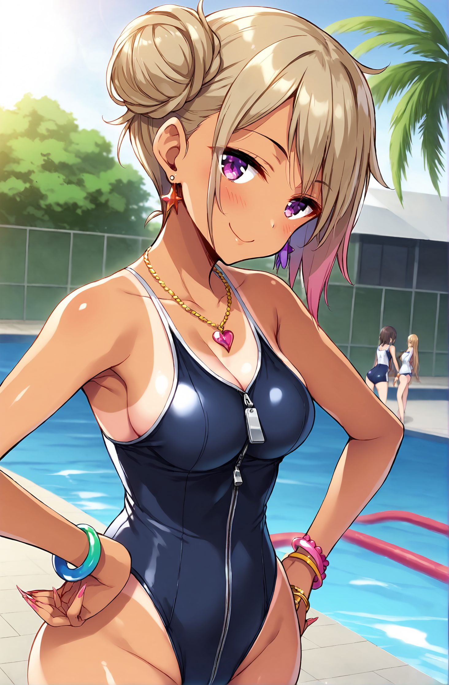 tan, jewelry, multiple girls, swimsuit, breasts, one-piece swimsuit, pool, hair bun, earrings, smile, 3girls, bracelet, looking at viewer, outdoors, purple eyes, cleavage, necklace, tanlines, day, blush, heart, hands on hips, poolside, single hair bun, tree, nail polish, solo focus, groin, school swimsuit, brown hair, closed mouth, blonde hair, heart earrings, one-piece tan, collarbone, fingernails, pool ladder, pink nails, long hair, large breasts, highleg, cowboy shot, bare shoulders, dark-skinned female, dark skin, star \(symbol\), black one-piece swimsuit, water, blue one-piece swimsuit, hand on hip, medium breasts, whistle, highleg swimsuit, standing, multicolored hair, bangs, red nails, 赤面, 笑顔, 胸チラ, 競泳水着, 水着, 褐色肌, ロングヘア, 夏, 巨乳, 日焼け, ぱっつん, ワンピース, アングル, スクール水着, 金髪, ハイグレ, Posted