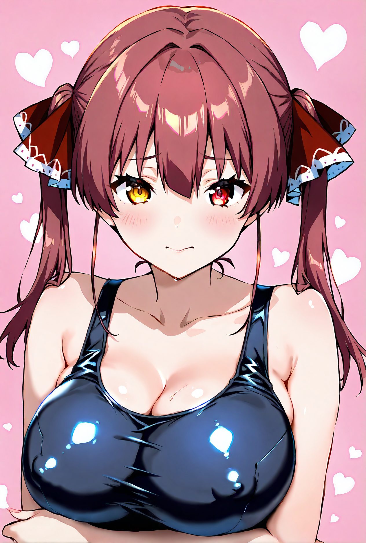1girl, breasts, solo, houshou marine, virtual youtuber, twintails, swimsuit, large breasts, heterochromia, yellow eyes, red eyes, one-piece swimsuit, covered nipples, looking at viewer, cleavage, collarbone, blush, red hair, ribbon, heart, hair ribbon, red ribbon, closed mouth, upper body, long hair, school swimsuit, pink background, bangs, shiny, heart background, shiny clothes, arm under breasts, bare shoulders, blue one-piece swimsuit, breast hold, shiny hair, black one-piece swimsuit, simple background, hair between eyes, 赤面, ツインテール, 胸チラ, 赤髪, 乳首チラ, 水着, 赤目, ロングヘア, 巨乳, おっぱい, ぱっつん, ワンピース, 手ブラ, スクール水着, ホロライブ, 宝鐘マリン, Posted