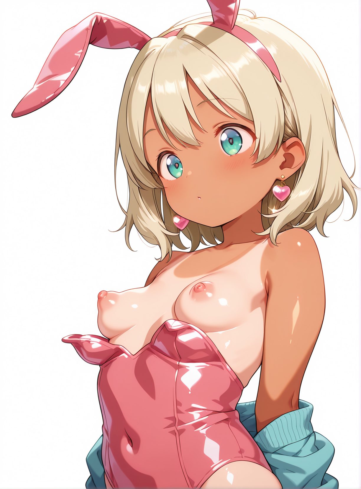 1girl, tan, solo, breasts, tanlines, animal ears, nipples, white background, rabbit ears, jewelry, simple background, earrings, small breasts, aqua eyes, leotard, heart earrings, blush, playboy bunny, heart, blonde hair, bare shoulders, fake animal ears, upper body, short hair, covered navel, one-piece tan, jacket, off shoulder, dark skin, pink leotard, hairband, 赤面, バニーガール, 乳首, パーカー, 褐色肌, レオタード, 獣耳, 夏, 貧乳, 日焼け, ショートカット, うさ耳, 金髪