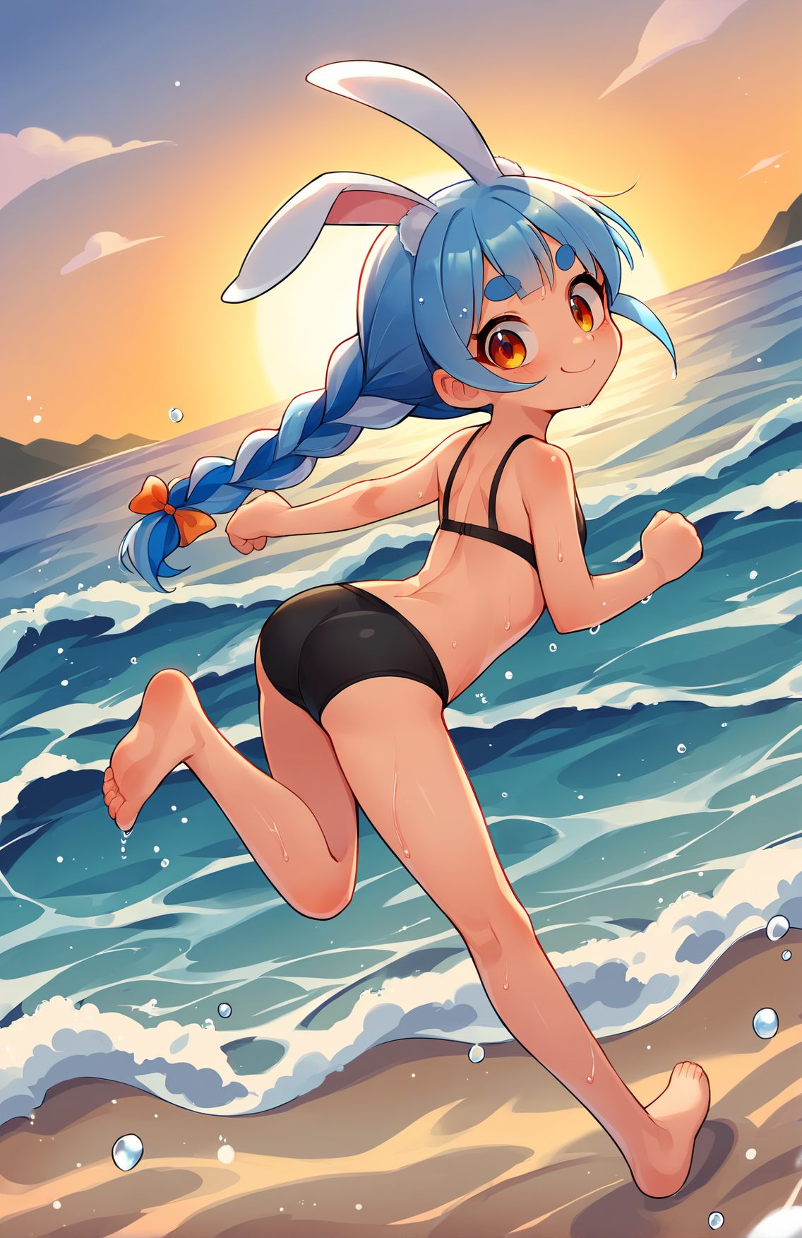 1girl, swimsuit, solo, long hair, virtual youtuber, animal ears, bikini, rabbit ears, usada pekora, barefoot, braid, blue hair, ass, smile, beach, looking at viewer, outdoors, thick eyebrows, ocean, soles, twin braids, black bikini, looking back, feet, hair bow, bow, animal ear fluff, orange eyes, sunset, toes, water, full body, extra ears, twintails, bangs, wet, rabbit girl, closed mouth, blush, short eyebrows, running, symbol-shaped pupils, from behind, sky, cloud, bare legs, sun, standing on one leg, legs, bare shoulders, 赤面, 笑顔, バニーガール, ツインテール, 尻, 裸足, 水着, 獣耳, 青髪, ロングヘア, ぱっつん, うさ耳, 足, 兎田ぺこら, ホロライブ, Posted