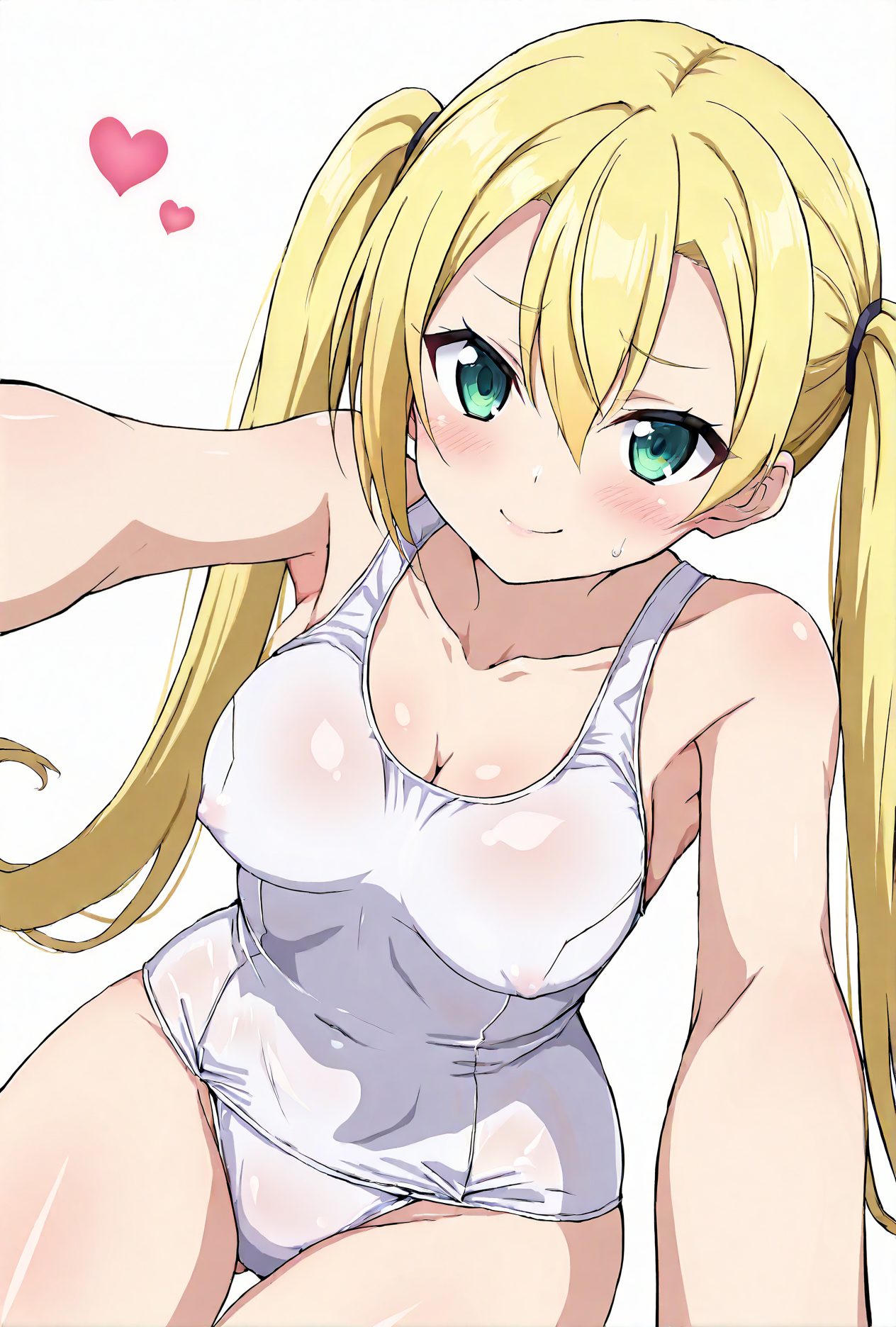 1girl, swimsuit, breasts, white one-piece swimsuit, one-piece swimsuit, twintails, solo, blonde hair, school swimsuit, green eyes, heart, blush, looking at viewer, long hair, selfie, white background, cleavage, simple background, smile, collarbone, hair between eyes, covered nipples, sweatdrop, covered navel, closed mouth, medium breasts, bangs, large breasts, 赤面, 恥じらい, 笑顔, ツインテール, 胸チラ, 金髪, 乳首チラ, 水着, ロングヘア, 巨乳, ぱっつん, ワンピース, スクール水着, 自撮り, Posted