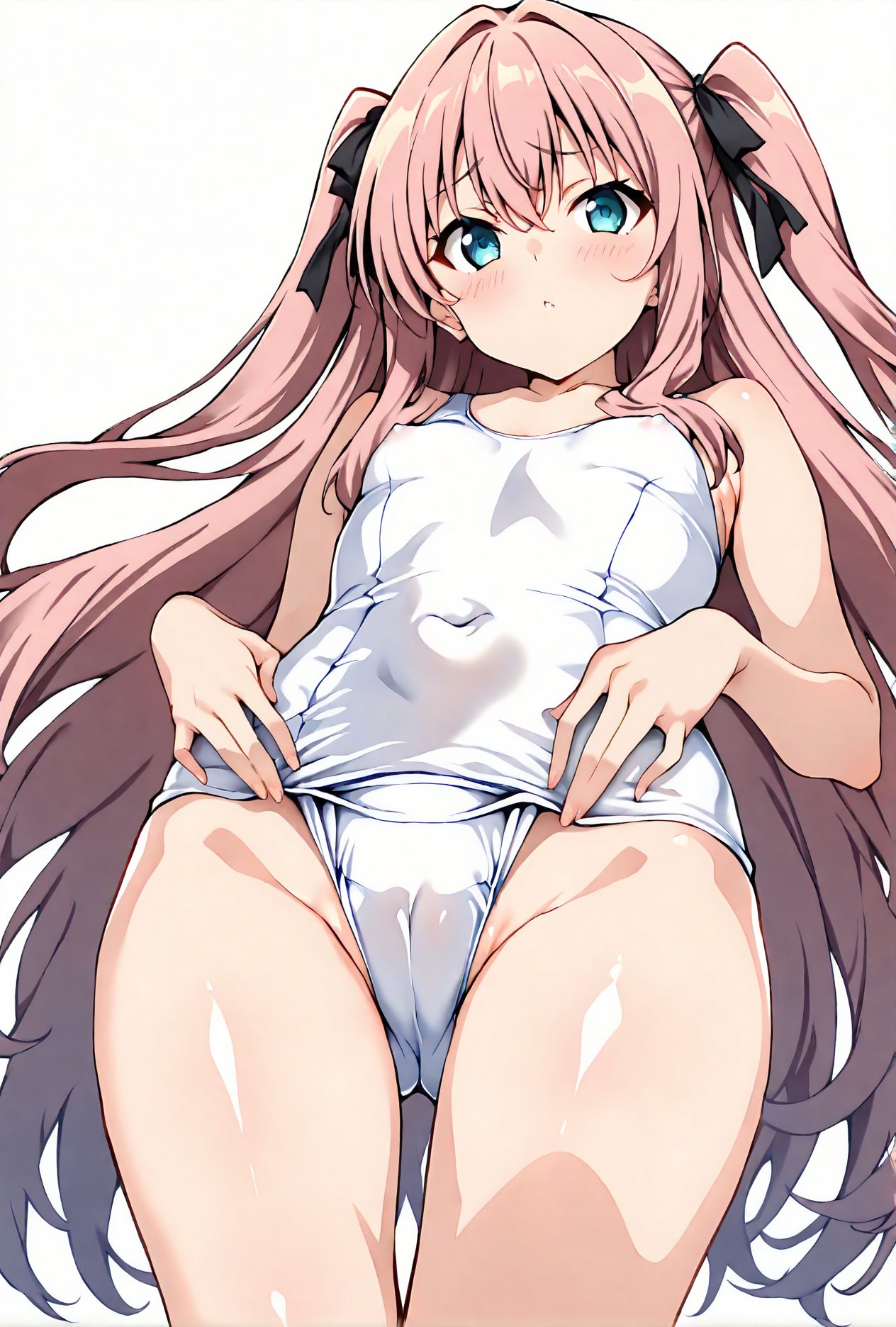 1girl, white one-piece swimsuit, swimsuit, one-piece swimsuit, solo, long hair, pink hair, breasts, covered navel, school swimsuit, small breasts, looking at viewer, cameltoe, blush, simple background, white background, two side up, blue eyes, ribbon, very long hair, bare shoulders, hair ribbon, thighs, bangs, cowboy shot, from below, old school swimsuit, collarbone, closed mouth, groin, 赤面, 水着, ロングヘア, 貧乳, ぱっつん, ワンピース, アングル, スクール水着, ピンク髪, Posted