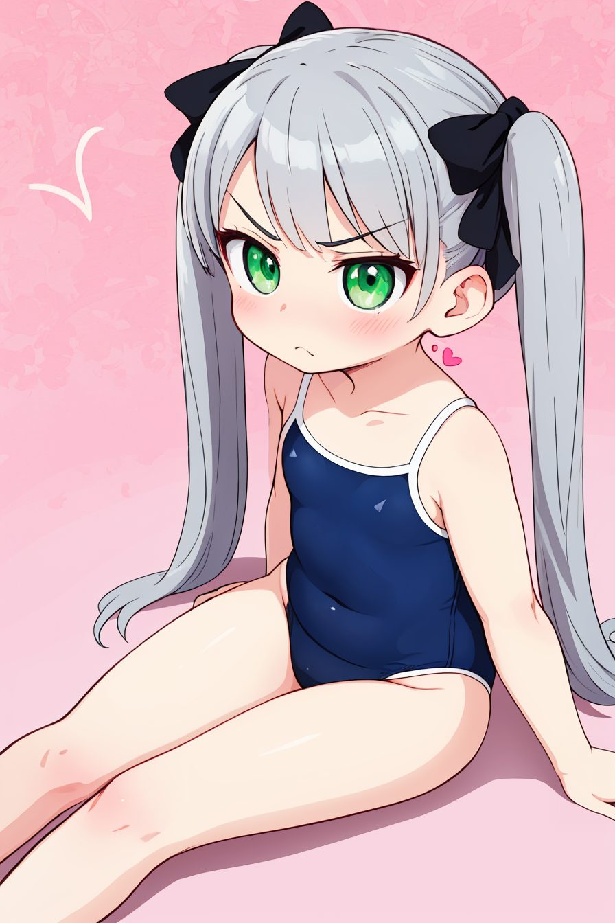 1girl, twintails, solo, swimsuit, green eyes, long hair, one-piece swimsuit, school swimsuit, sitting, grey hair, bow, hair bow, blush, heart, blue one-piece swimsuit, pink background, v-shaped eyebrows, covered navel, competition school swimsuit, looking at viewer, thighs, breasts, small breasts, closed mouth, frown, black bow, very long hair, collarbone, 赤面, ツインテール, 銀髪, 水着, 白髪・銀髪, ロングヘア, 貧乳, ワンピース, スクール水着
