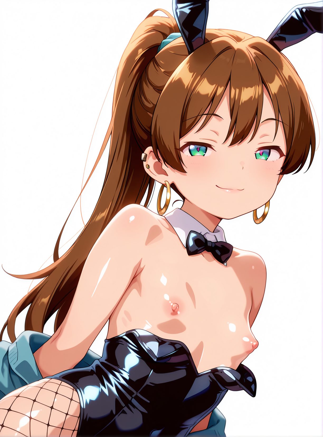 1girl, solo, nipples, animal ears, rabbit ears, fishnet pantyhose, jewelry, earrings, playboy bunny, ponytail, breasts, brown hair, fishnets, small breasts, bowtie, white background, pantyhose, smile, bow, long hair, looking at viewer, detached collar, piercing, ear piercing, simple background, leotard, black leotard, green eyes, bare shoulders, leotard pull, black bowtie, black bow, closed mouth, hoop earrings, fake animal ears, aqua eyes, blush, upper body, 赤面, 笑顔, バニーガール, 乳首, ポニーテール, パンスト, レオタード, 獣耳, ロングヘア, 貧乳, 網タイツ, うさ耳