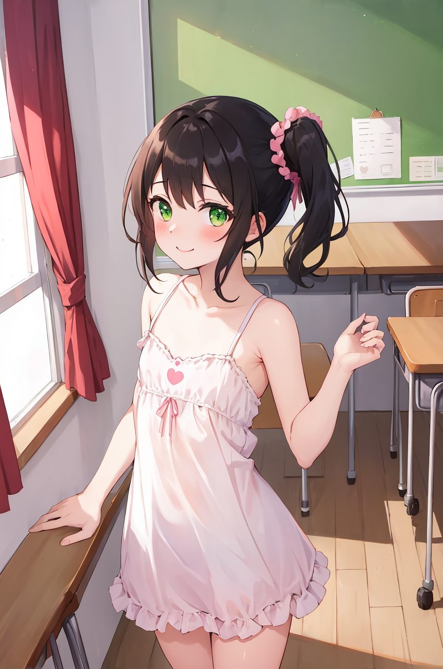 1girl, solo, desk, green eyes, smile, looking at viewer, side ponytail, indoors, classroom, black hair, dress, sleeveless, sleeveless dress, scrunchie, bare shoulders, collarbone, school desk, hair ornament, chair, sidelocks, blush, curtains, white dress, cowboy shot, bare arms, hair scrunchie, window, standing, spaghetti strap, closed mouth, heart, hand up, bangs, flat chest, frilled dress, chalkboard, armpit crease, pink dress, 赤面, 笑顔, ドレス, 黒髪, 裸足, ノースリーブ, フリル, 貧乳, つるぺた, ぱっつん, アングル