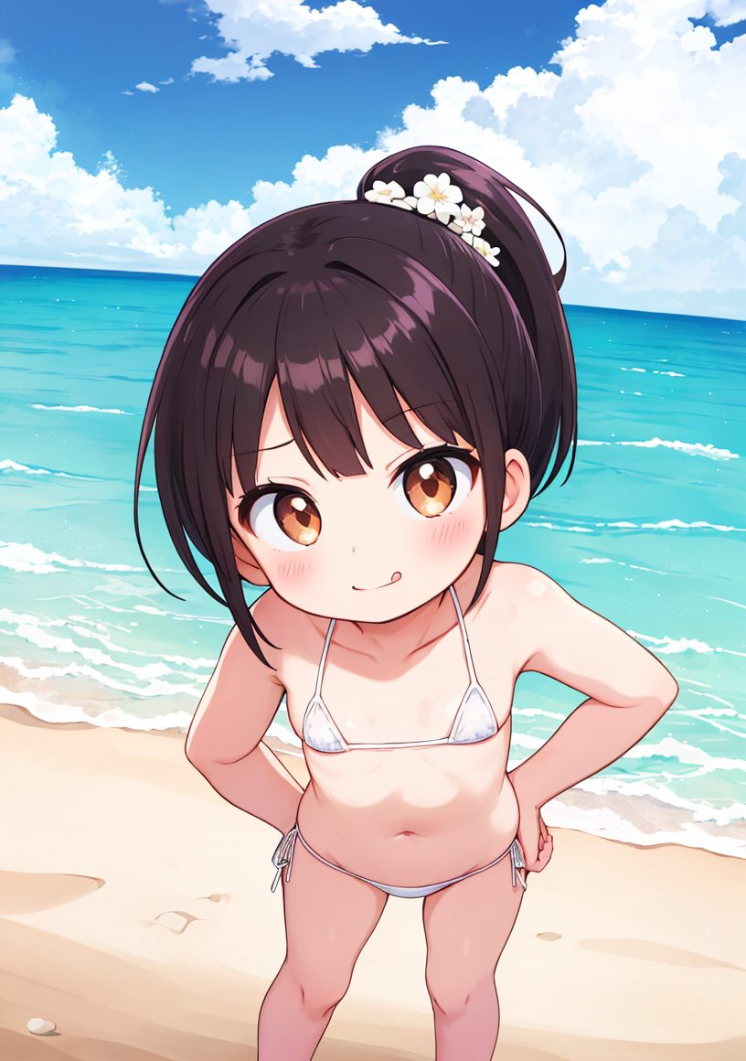 1girl, swimsuit, bikini, white bikini, solo, navel, loli, hands on hips, outdoors, beach, tongue, tongue out, brown eyes, side-tie bikini bottom, ponytail, smile, micro bikini, hair flower, black hair, thighs, flower, blush, hair ornament, looking at viewer, flat chest, standing, short hair, ocean, cloud, collarbone, legs, 発情, 赤面, 笑顔, 口, ポニーテール, 黒髪, 水着, 舌, 貧乳, マイクロビキニ, つるぺた, ショートカット