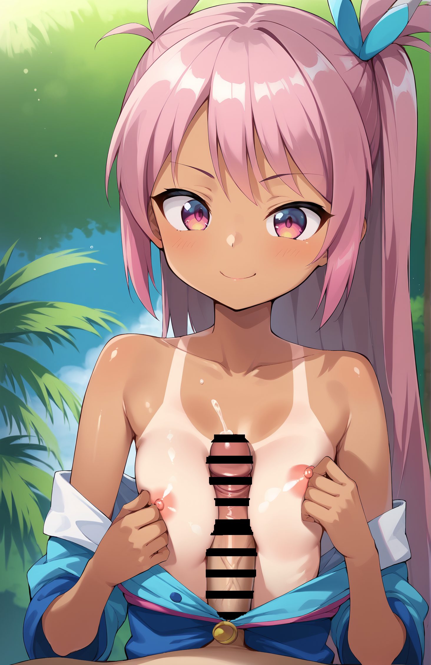 1girl, paizuri, hetero, 1boy, penis, tan, long hair, smile, nipples, breasts, pink hair, tanlines, pink eyes, small breasts, collarbone, solo focus, blush, closed mouth, outdoors, uncensored, bare shoulders, bangs, hair ribbon, ribbon, day, upper body, multicolored eyes, clothes pull, erection, dark skin, off shoulder, 赤面, 笑顔, 乳首, パイズリ, 着替え, 褐色肌, ちんこ, 夏, 貧乳, ロングヘア, 日焼け, ぱっつん, ピンク髪