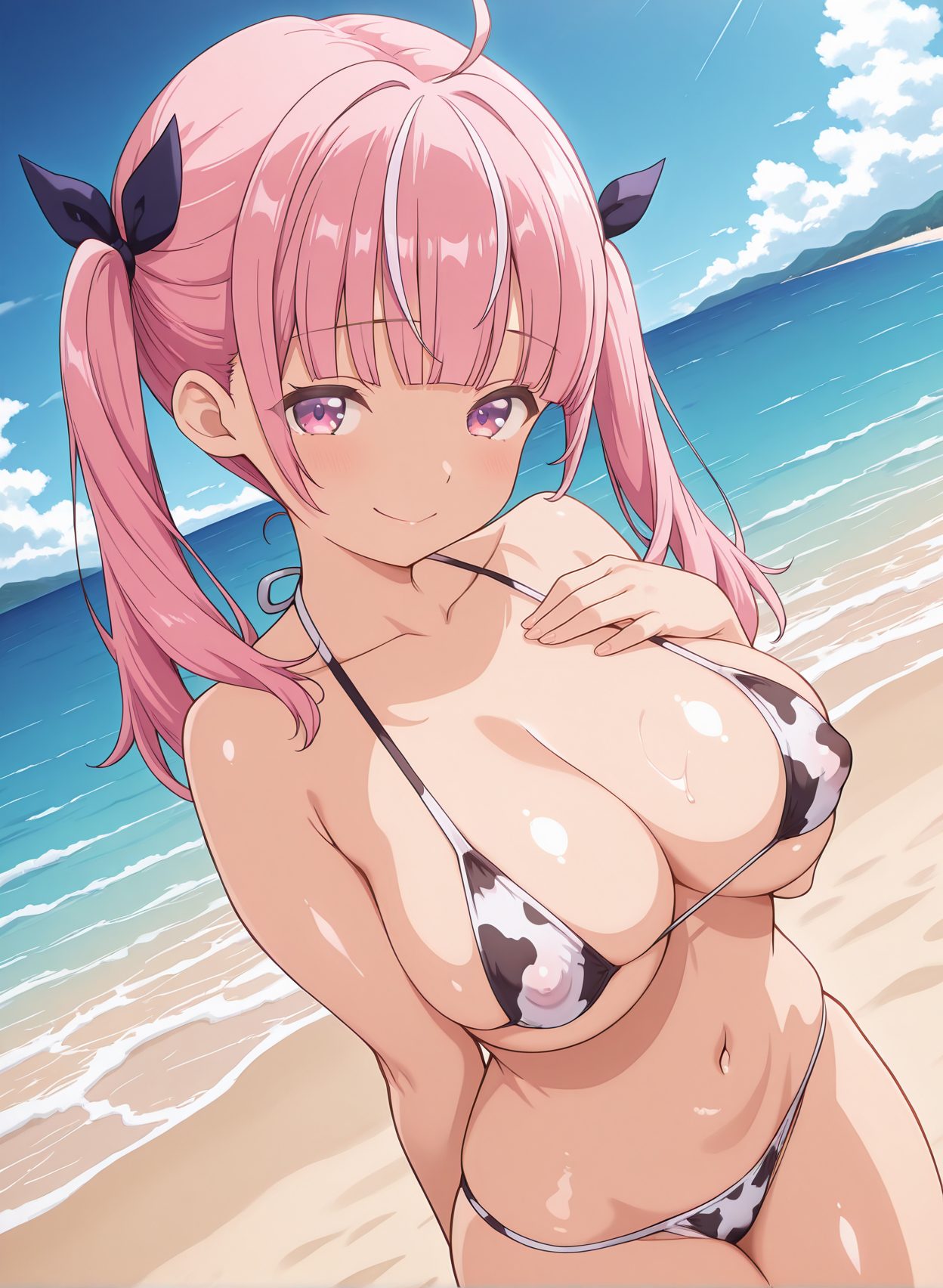 questionable, 1girl, solo, long_hair, breasts, looking_at_viewer, blush, smile, bangs, large_breasts, ribbon, navel, cleavage, bare_shoulders, twintails, closed_mouth, blue_hair, purple_eyes, collarbone, swimsuit, hair_ribbon, pink_hair, ahoge, bikini, multicolored_hair, outdoors, sky, day, cloud, virtual_youtuber, pink_eyes, stomach, covered_nipples, two-tone_hair, blue_sky, streaked_hair, wet, dutch_angle, ocean, beach, animal_print, hand_on_own_chest, cow_print, minato_aqua, 赤面, 笑顔, ツインテール, 胸チラ, 水着, アホ毛, 牛柄ビキニ, 巨乳, ぱっつん, バーチャルYouTuber, ホロライブ, 湊あくあ